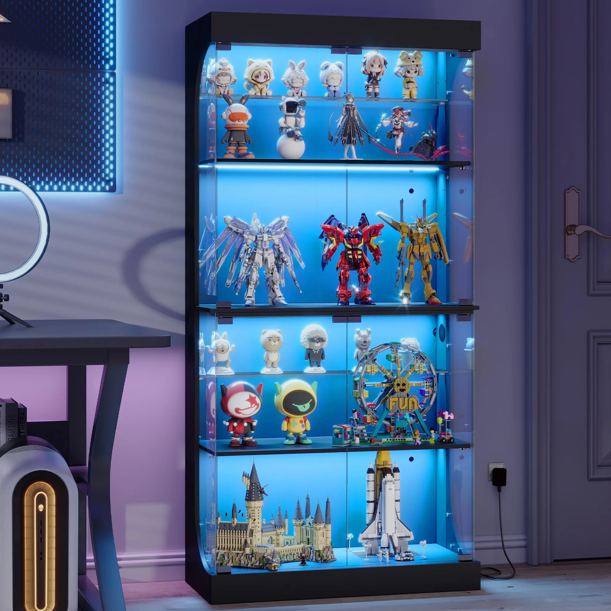 Hzuaneri Vitrine avec Portes Vitrées, Étagère à Jouets, avec Capteurs Intelligents, RGB Réglable, Vitrine 6 Niveaux, Bureau, Salon, Chambre, Noir, 35 x 80 x 165 cm, DC00206XEU