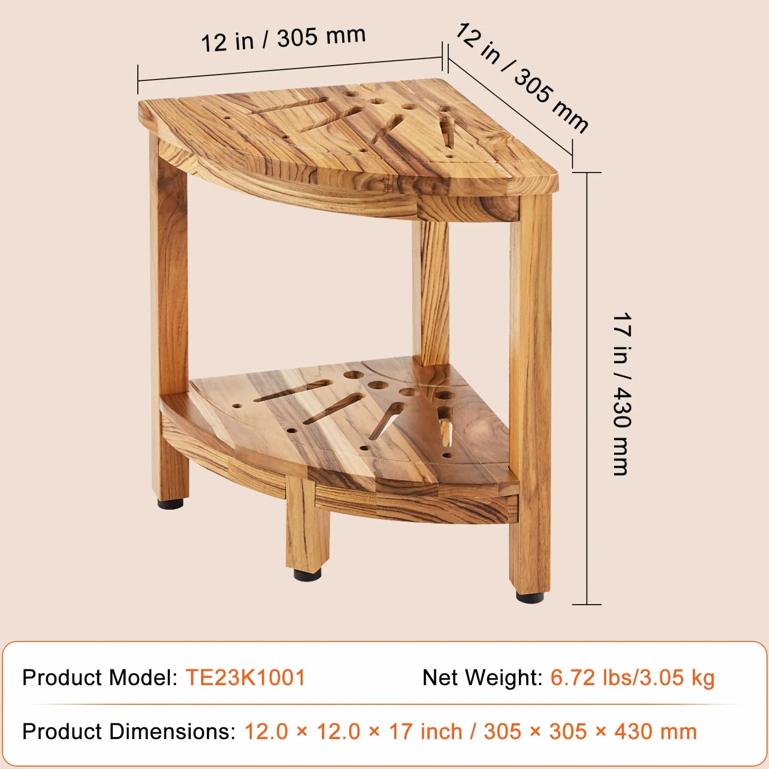 VEVOR Banc de Douche d'angle, Hauteur 43 cm, Rayon 30,5 cm, Tabouret en Teck, Capacité de Charge 136 kg, avec Étagère de Rangement, pour Douche Intérieure et Extérieure, Coin, Salle de Bain, Salon