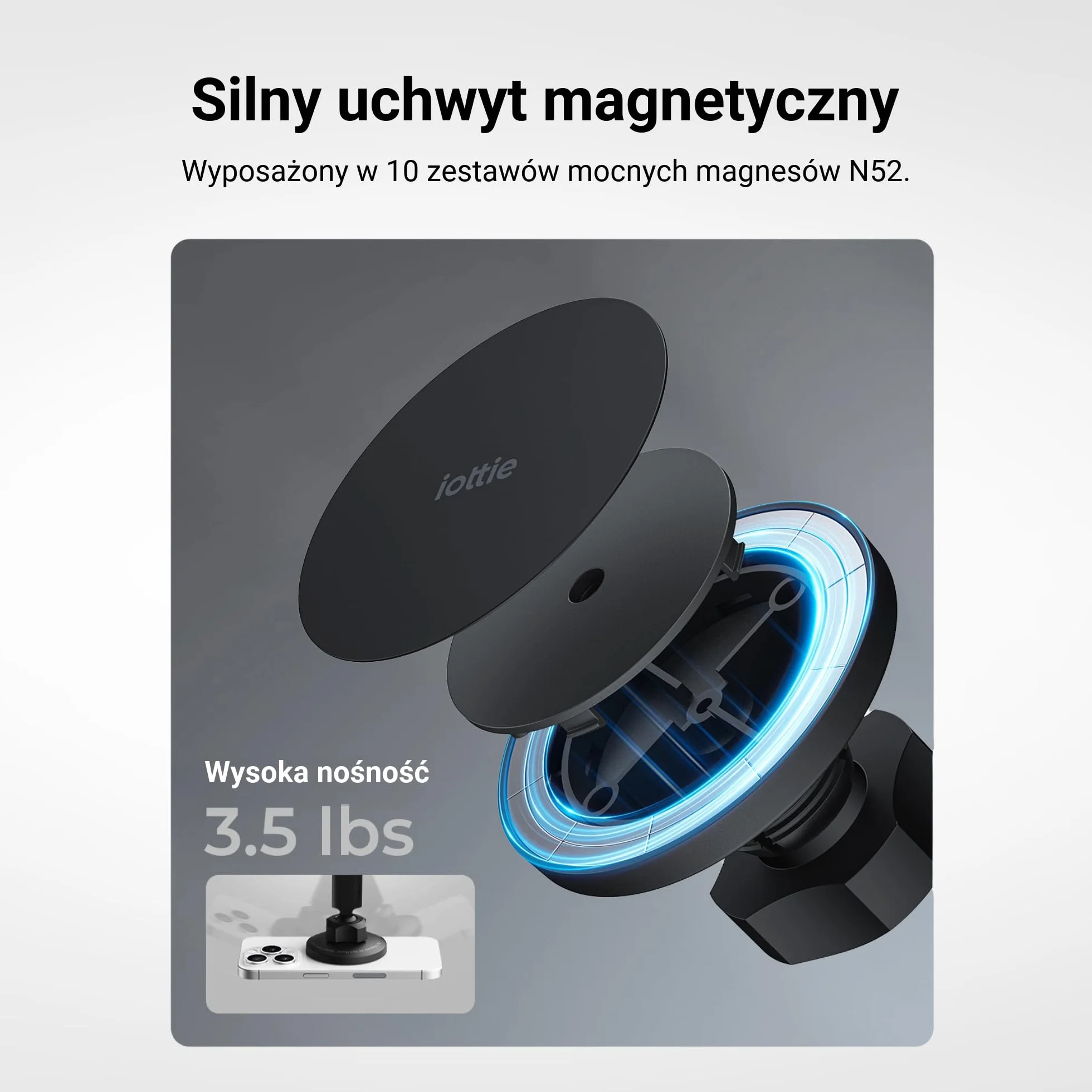 iOttie iTap 3 Magnetyczny uchwyt samochodowy na deskę rozdzielczą i przednią szybę z magnetycznym adapterem pierścieniowym. Kompatybilny ze smartfonami Qi2, MagSafe, iPhone i Android.