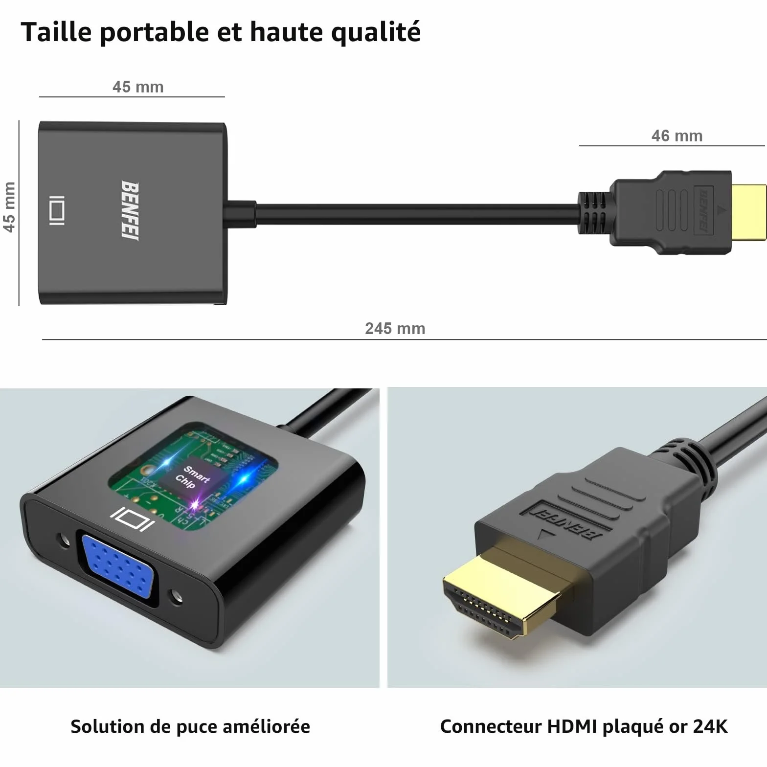 BENFEI Adaptateur HDMI vers VGA Mâle Femelle Noir