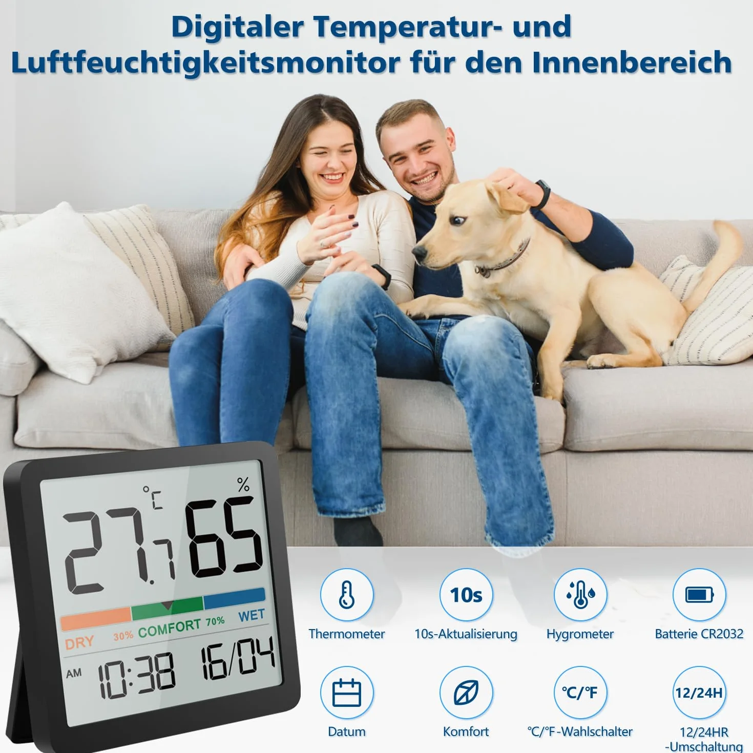 NOKLEAD Thermomètre d'ambiance numérique Hygromètre d'intérieur avec date horloge Indicateur de confort Noir