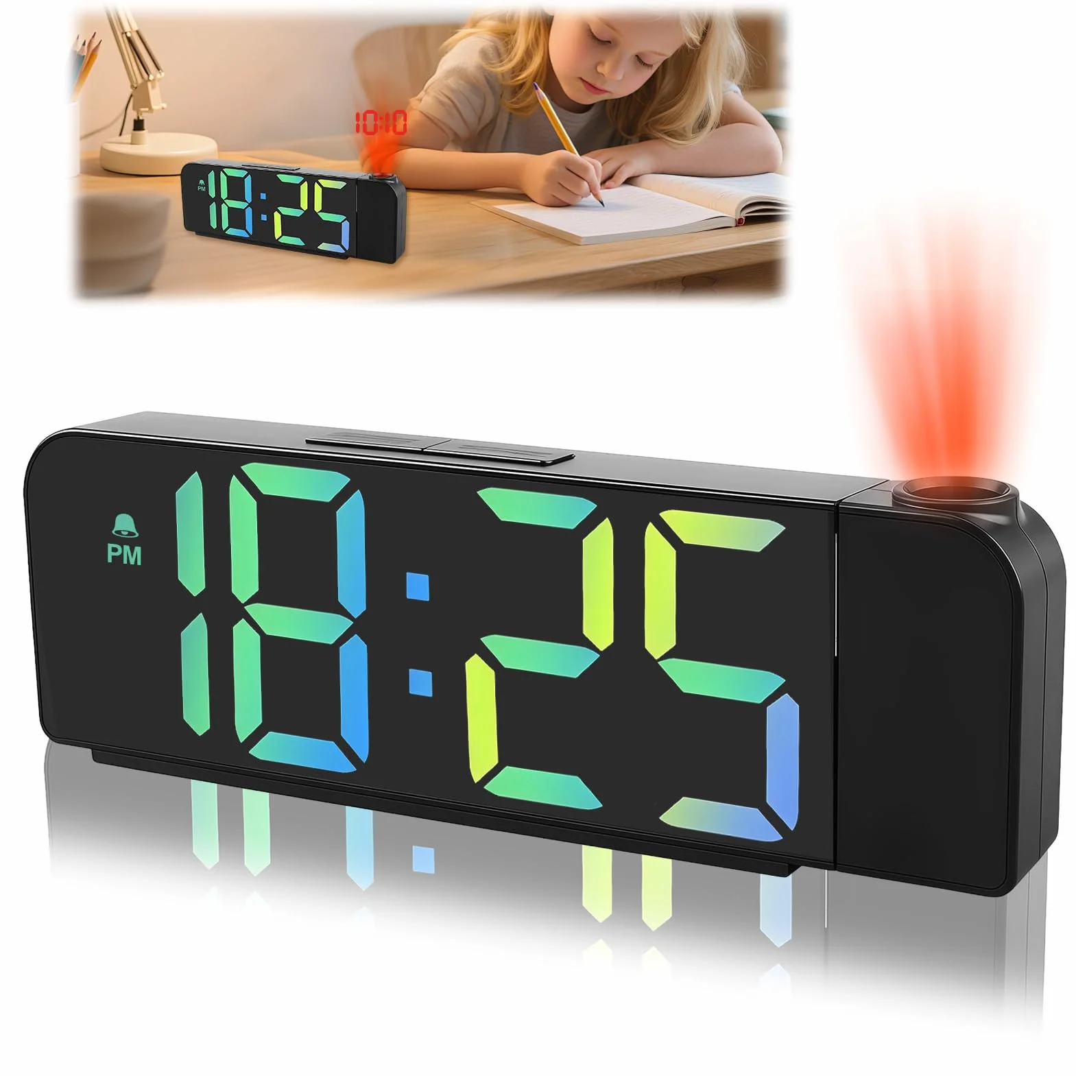 Projecteur Plafond Réveil 180° AVCE Thermomètre 7.7" Horloge Digitale LED 3 Luminosités Réglable Snooze Noir