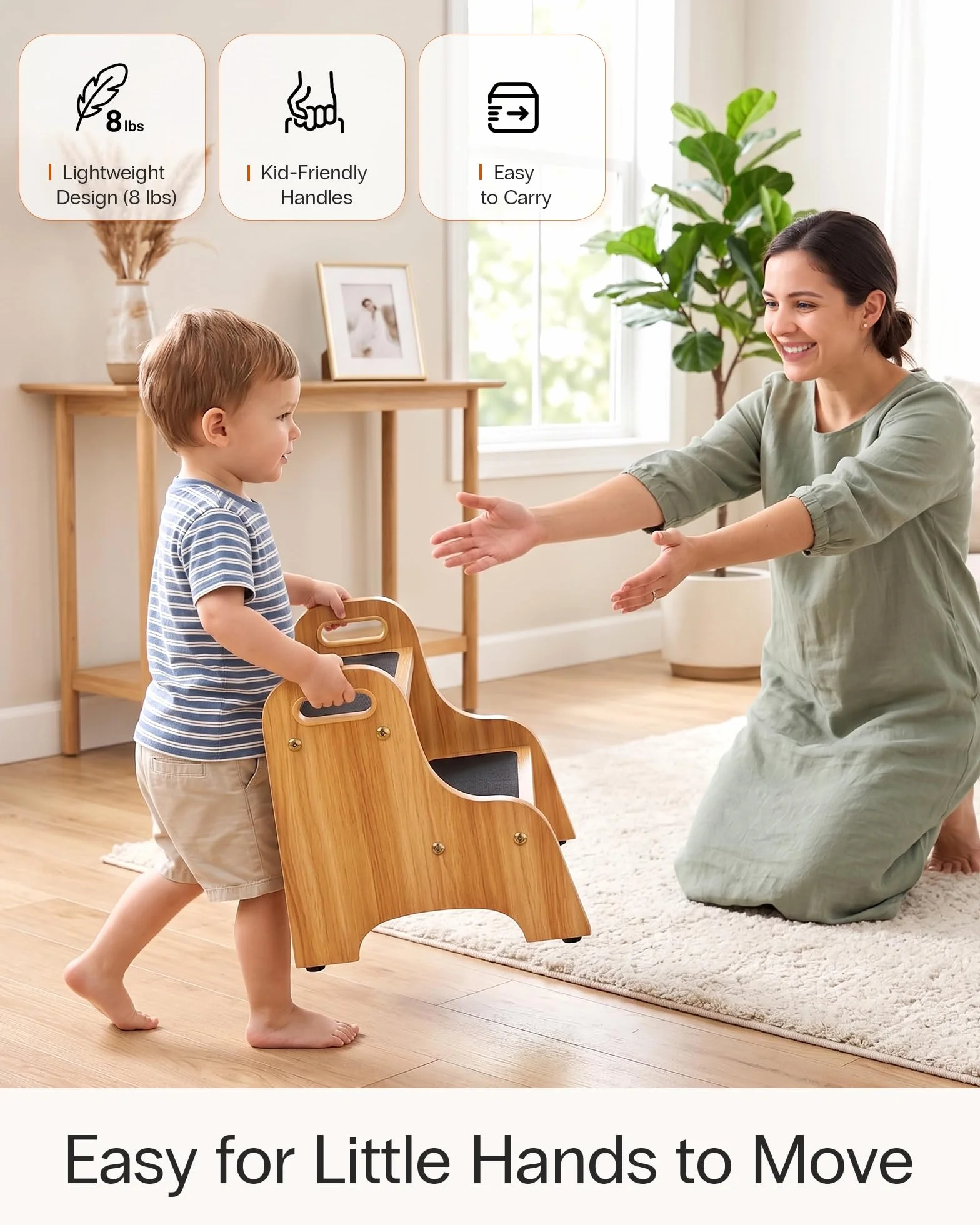 StrongTek Tabouret à 2 marches en Bois pour Enfants avec Surface antidérapante, poignées Portables, Patins antidérapants et capacité de 160 kg, Support Polyvalent et Robuste (Naturel)