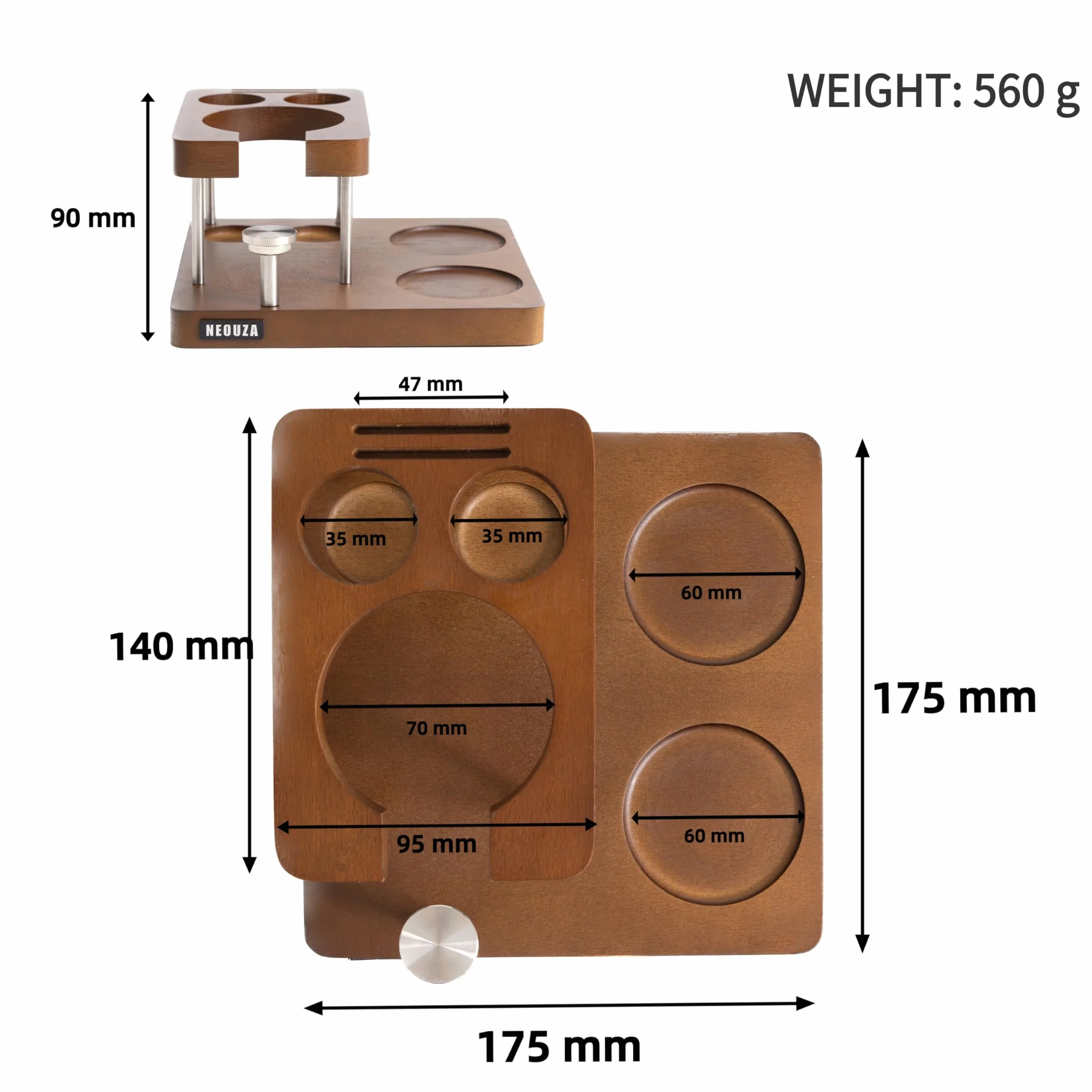 NEOUZA Station tassage 58mm 7-en-1 rangement, pour E61 et 58mm pro/domestiques, compatible Rancilio, Gaggia, Rocket, hauteur réglable, bois massif