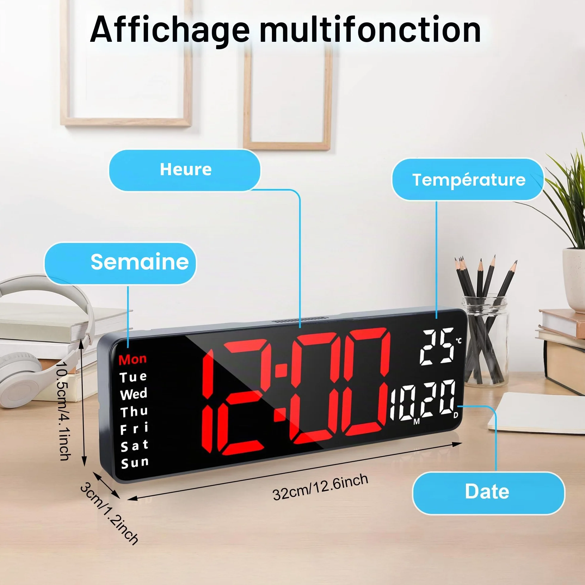 Lafocuse Horloge Numérique Murale LED 32cm avec Télécommande Température Date Jour Alarmes 12/24H Luminosité Réglable Rouge