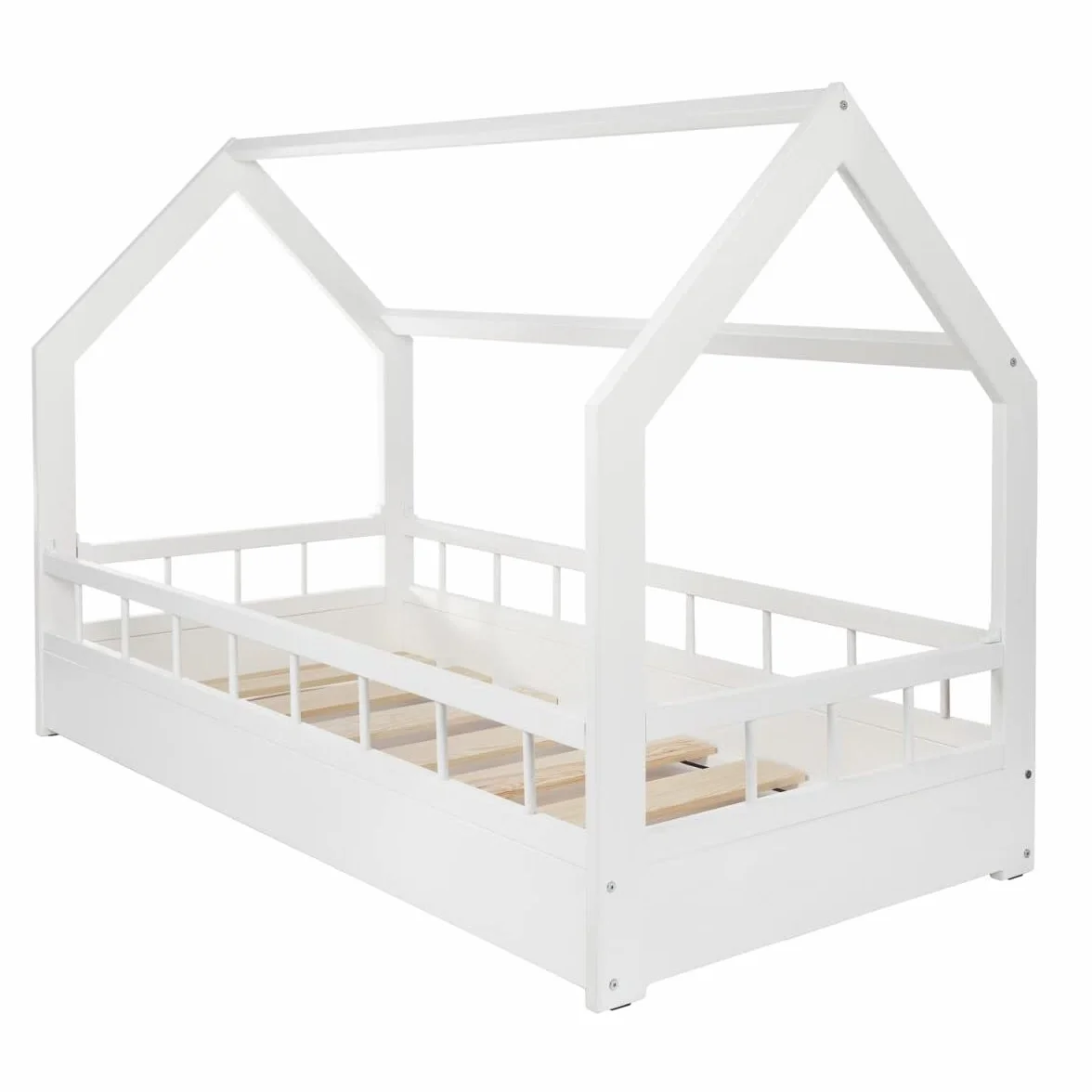 Velinda Lit Maison cabane 2 en 1 avec barreaux, Chambre d'enfant, Bois Naturel 160x80 cm (Couleur: Blanc)