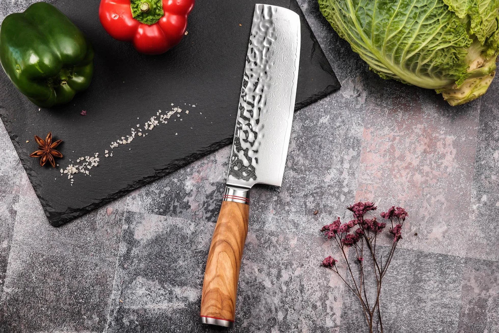 Wusaki Couteau Nakiri 17cm en Damas 10Cr Manche Olivier Design Japonais - Vendu dans un coffret cadeau