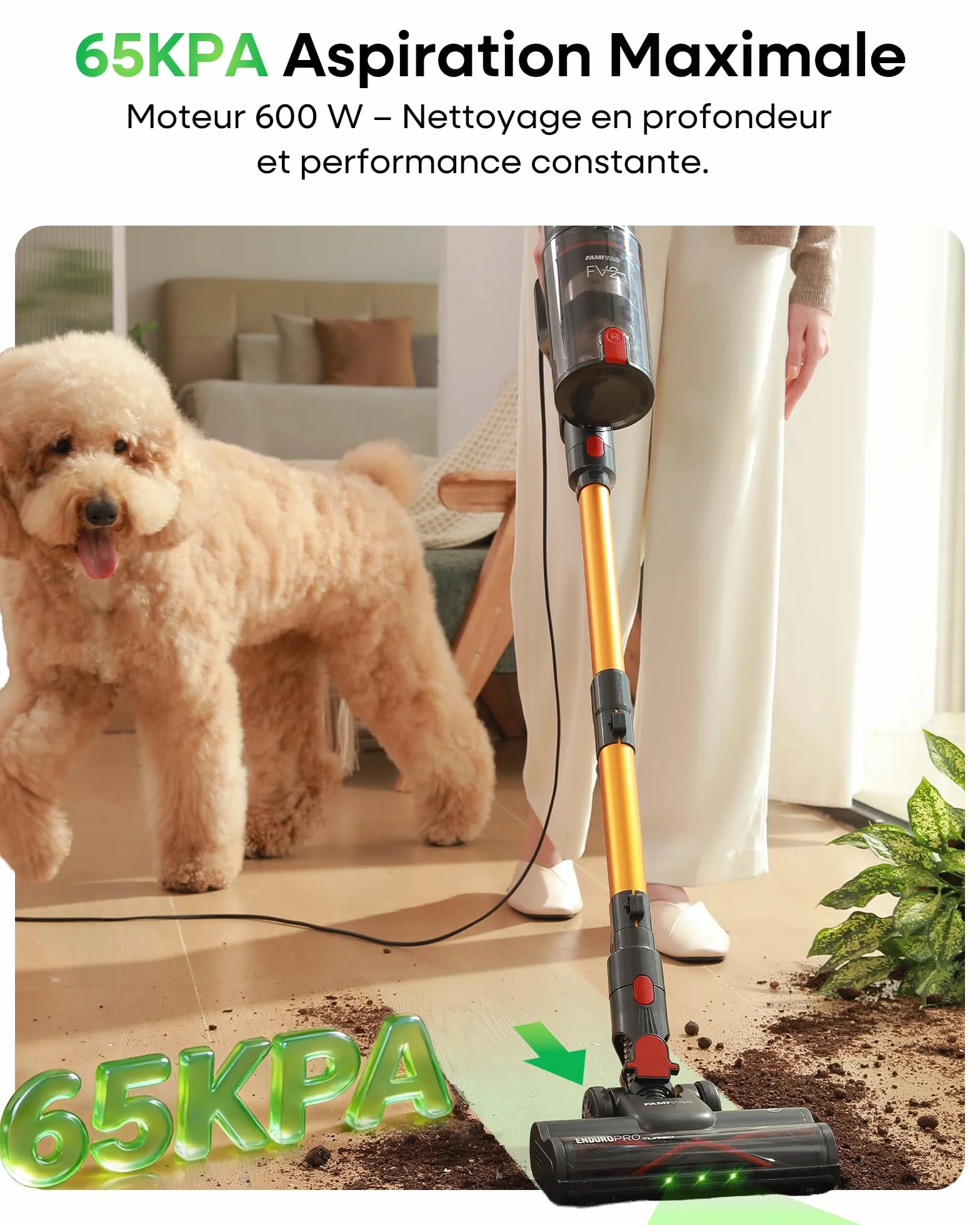 FAMIVAC FV2 Aspirateur Balai avec Fil, 65Kpa/600W Aspirateur sans Sac Puissant, Brosse Matelas, 1,3KG Léger, Câble 7M, 1,5L, Brosse Anti-Enroulement & Autoportante pour Tapis, Sols, Poils d’Animaux