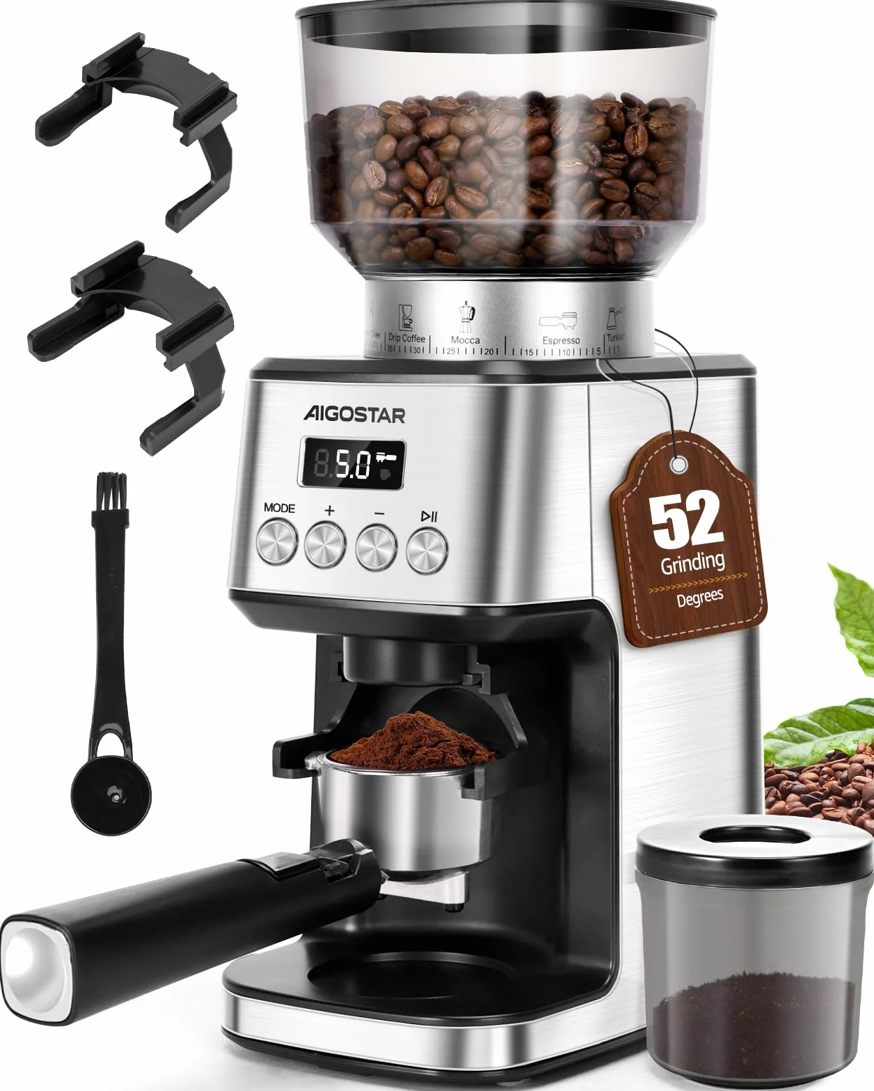 Aigostar Moulin à Café Electrique Conique, 52 Réglages de Meulage, Coffee Grinder Electrique Pour Expresso, Broyeur Cafe Grain Professionnelle Avec Affichage Numérique Précis, Acier Inoxydable, Argent
