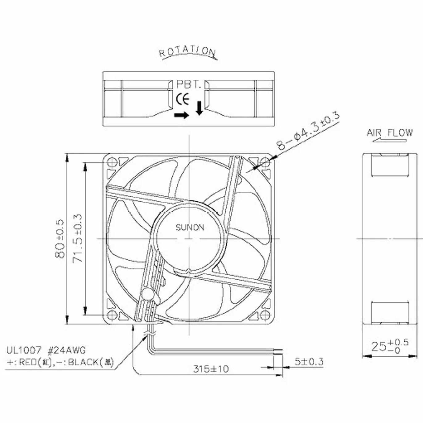 Wentylator 24V DC 1,32W 80x80x25mm 69,6m³/h 3200U/min 69,6m³/h Sunon EF80252S11000UA99