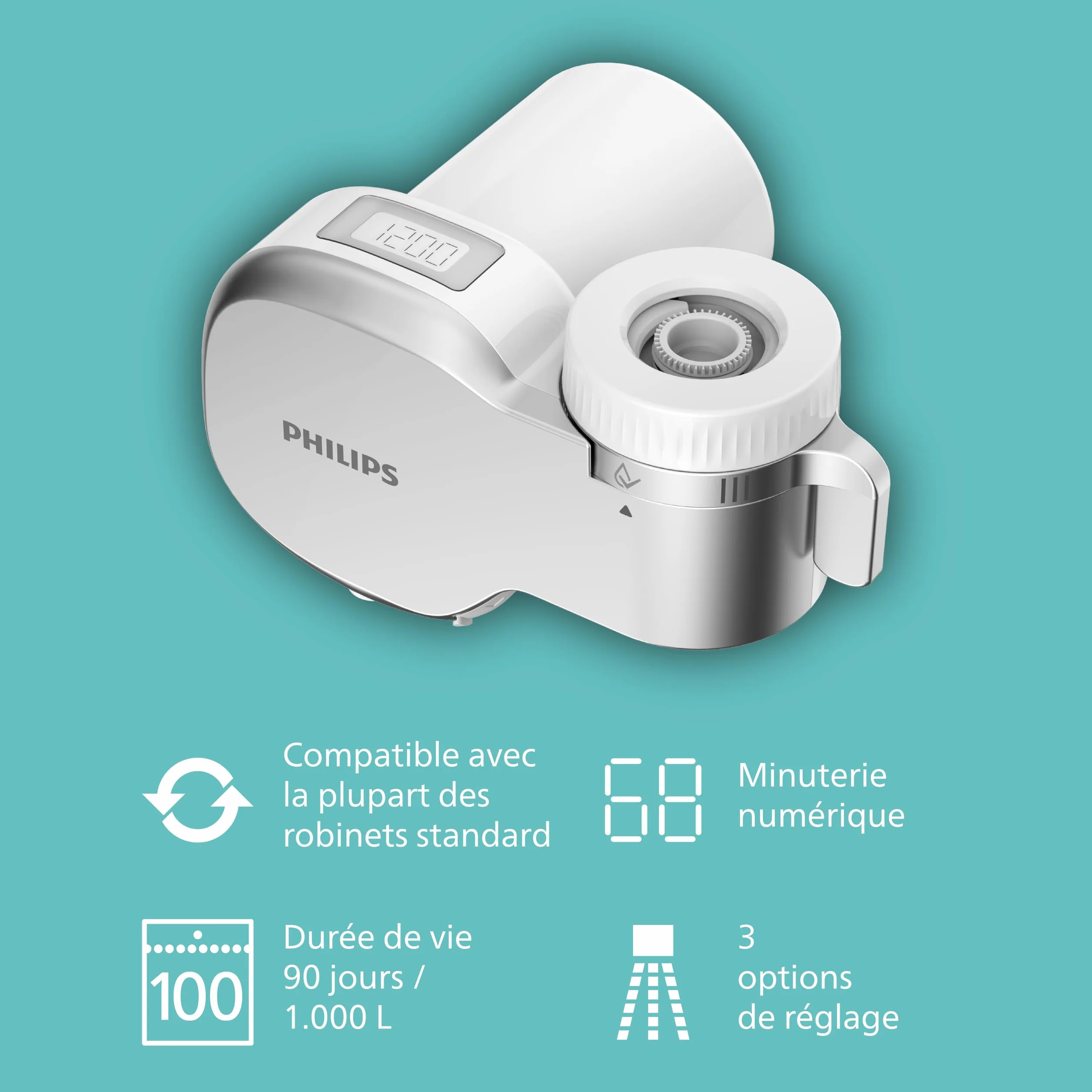 Philips Water Filtre Ontap AWP3756P1/10 ULTRAFILTRATION avec affichage numérique, réduit le CHLORE, le PLOMB, les MICROPLASTIQUES et les BACTÉRIES, capacité de filtration de 1.200 L