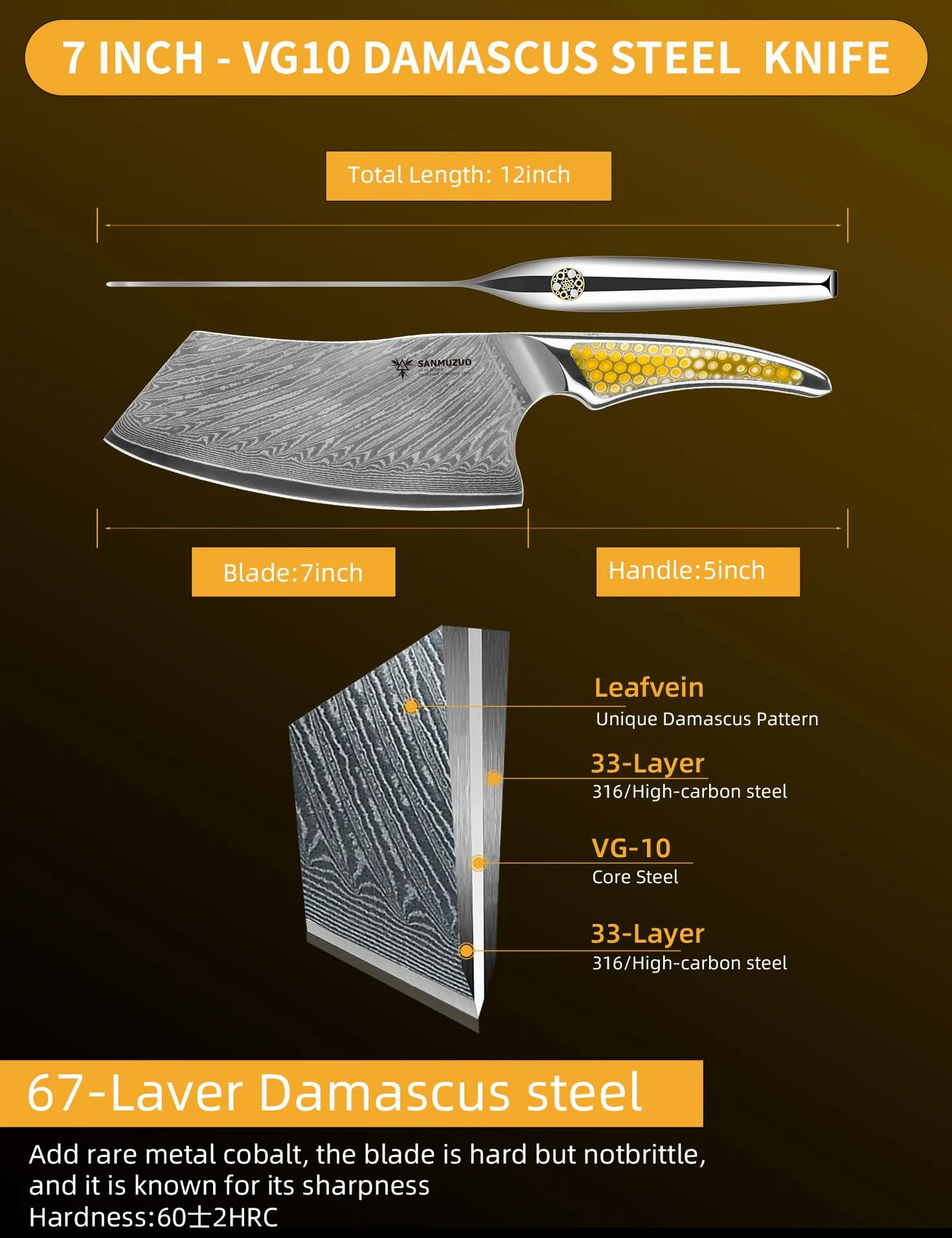 Couteau Nakiri 18 CM, Couperet à viande en acier Damas japonais VG-10, Couteau à légumes ultra tranchant avec manche pleine soie en résine Jaune, série LA-S9