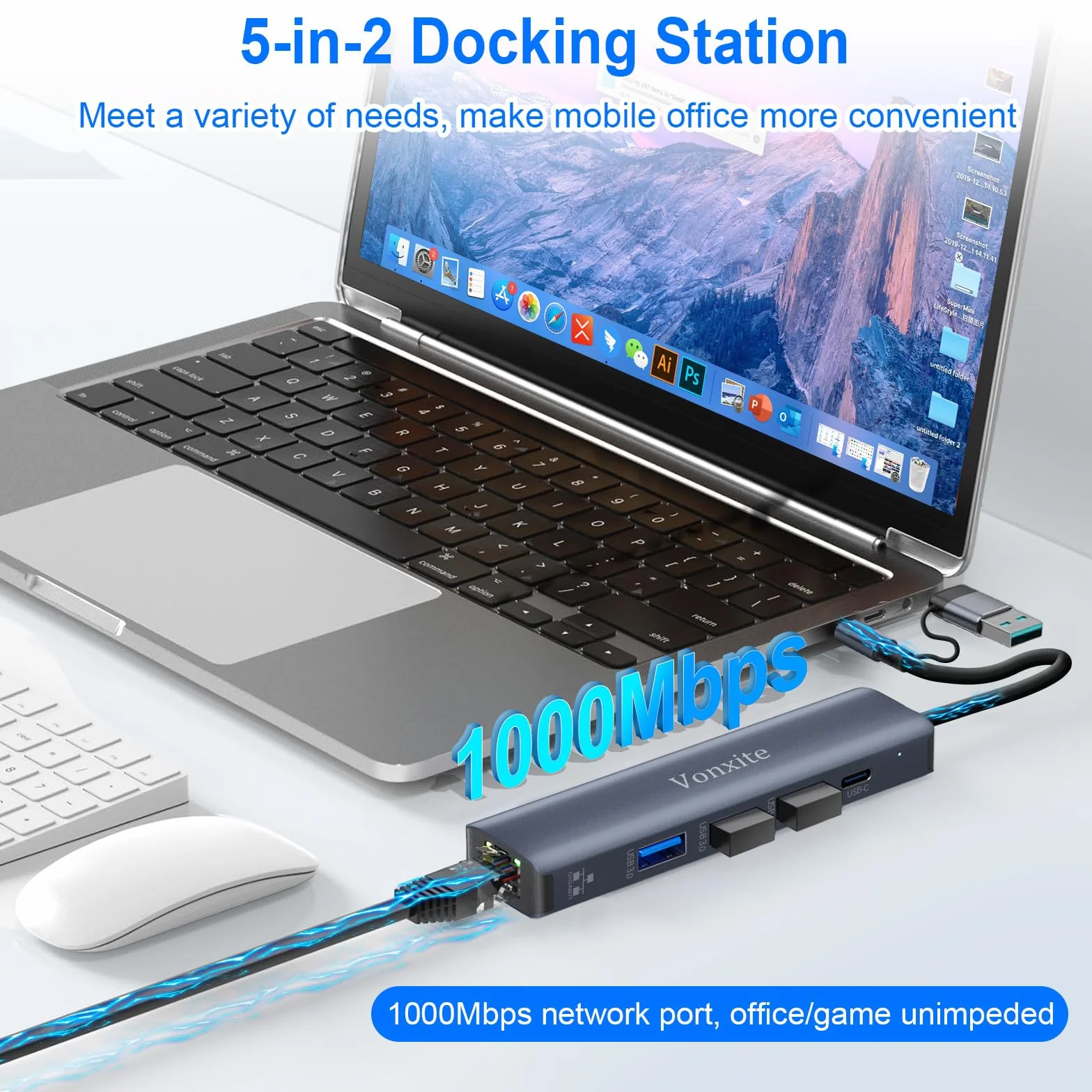 Adaptateur USB Ethernet 5 en 1 Type-C vers RJ45 Gigabit 1000 Mbps HUB LAN 3 Ports USB 3.0