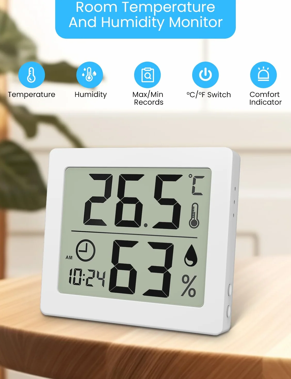 Thermo-Hygromètre numérique d'intérieur avec grand écran LCD 3,2" et horloge (Blanc)