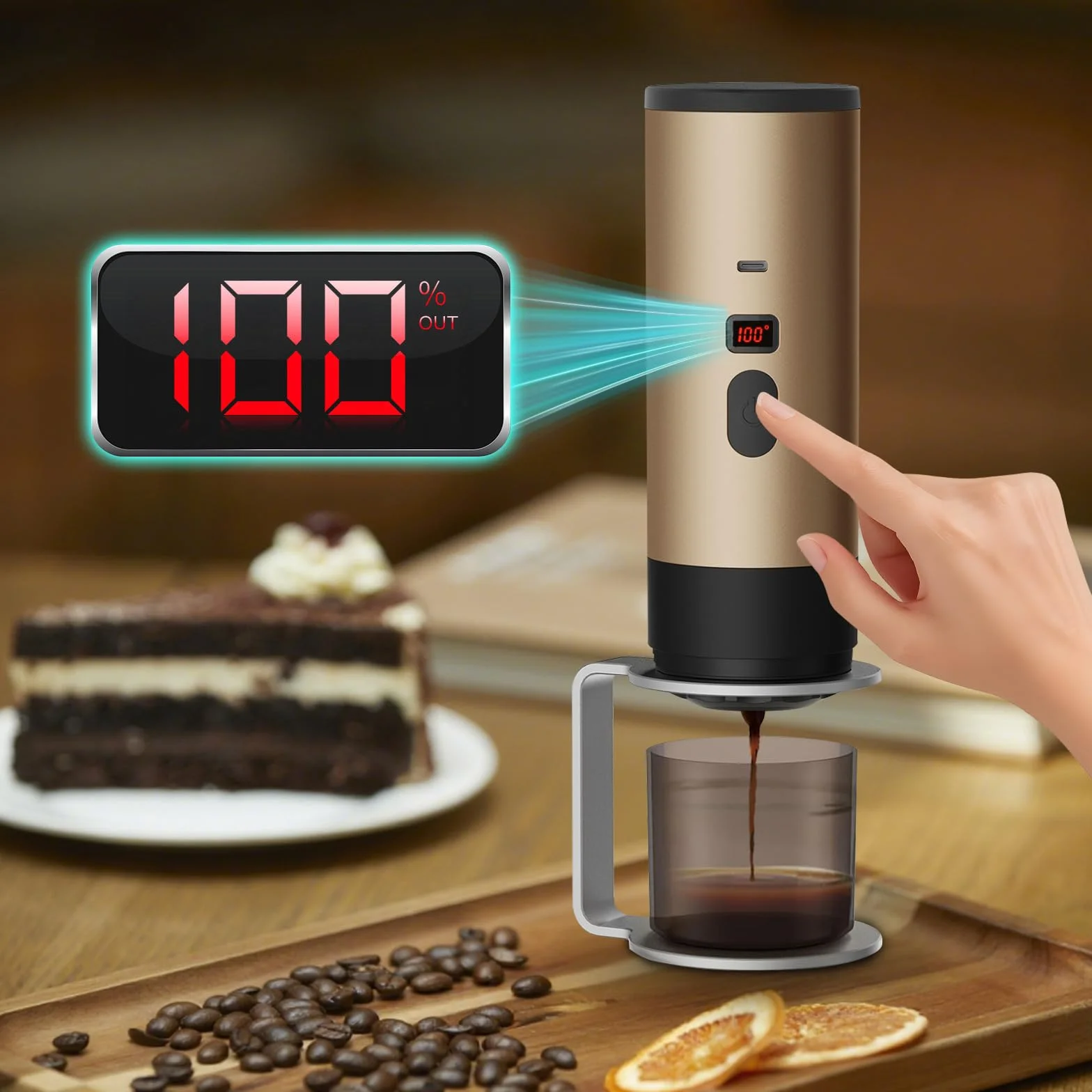 Machine a Cafe Portable avec Support,Cafetière Portable 3 en 1,Affichage Intelligent Machine a Cafe Compatible avec Cup et Café Moulu (Marron)