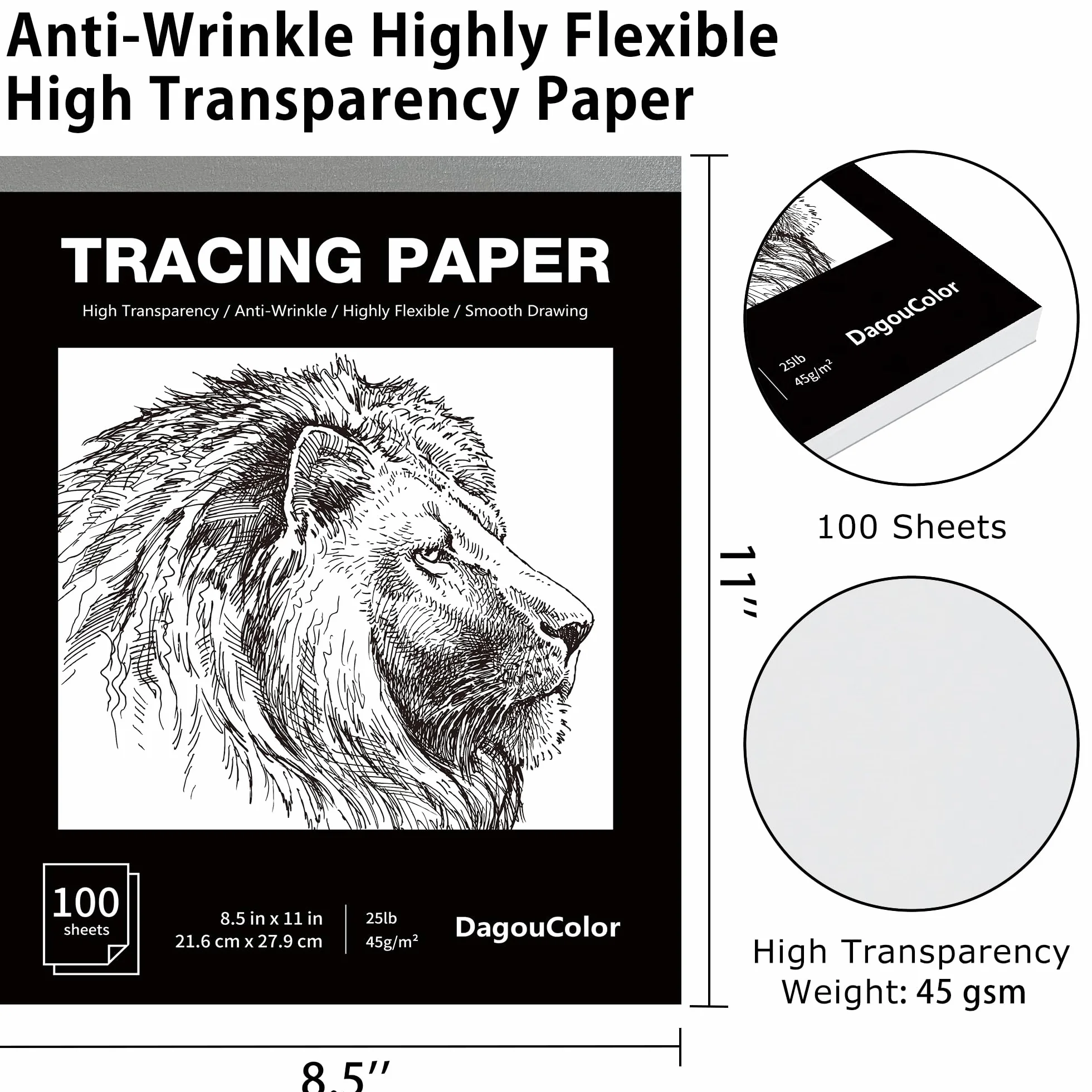 DagouColor Papier Calque 100 Feuilles Tracing Paper 21.6 x 27.9 cm Pour Couture Croquis