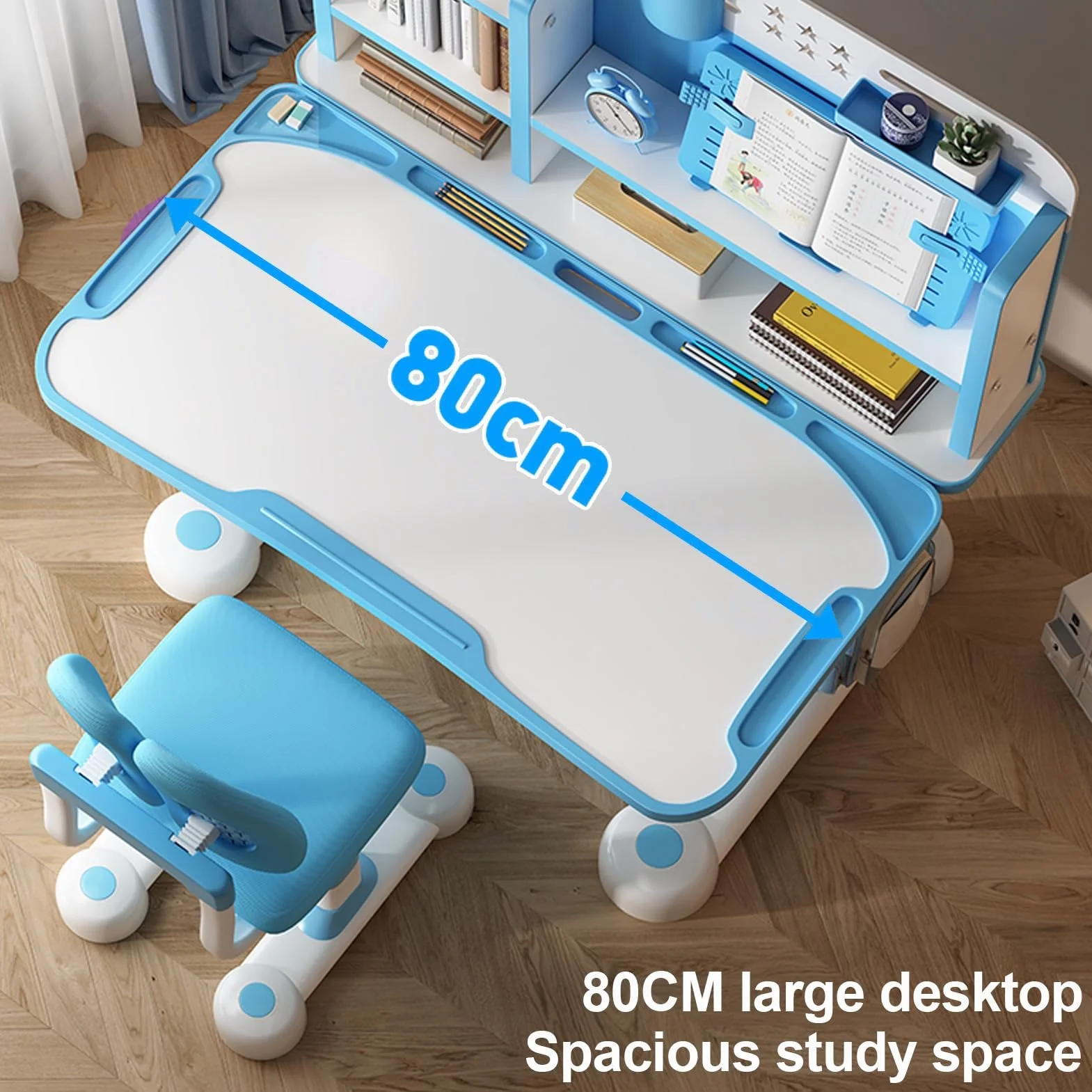 Table et chaises pour enfants avec bureau élargi de 80 cm, chaise de bureau pour enfants, correcteur de posture et soutien dorsal, table d'étude à hauteur réglable pour lecture/devoirs, bureau pour