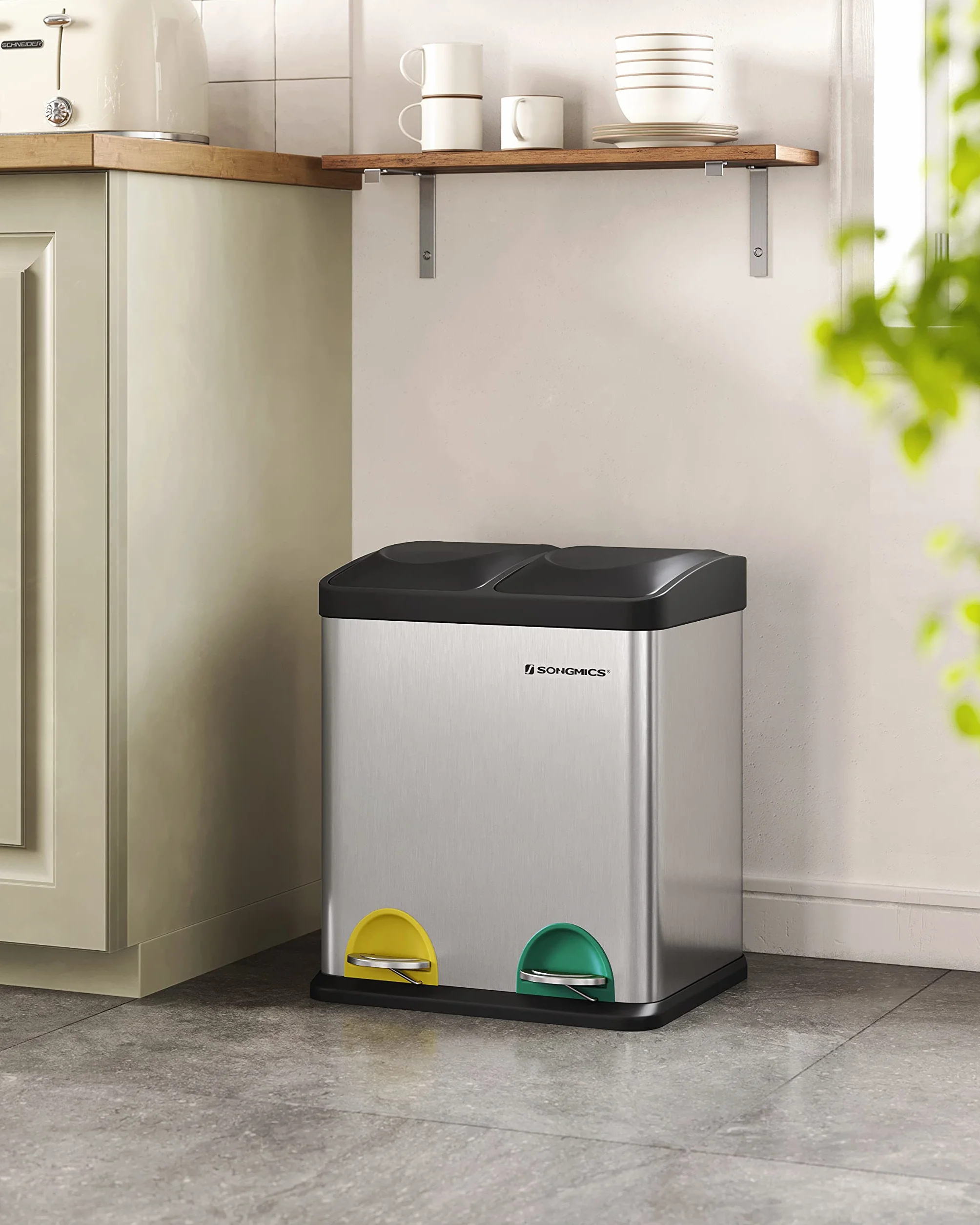 SONGMICS Poubelle de recyclage 30 L, seau de tri avec pétales, acier, 2 x 15 L, seau intérieur amovible, argent et noir LTB30L