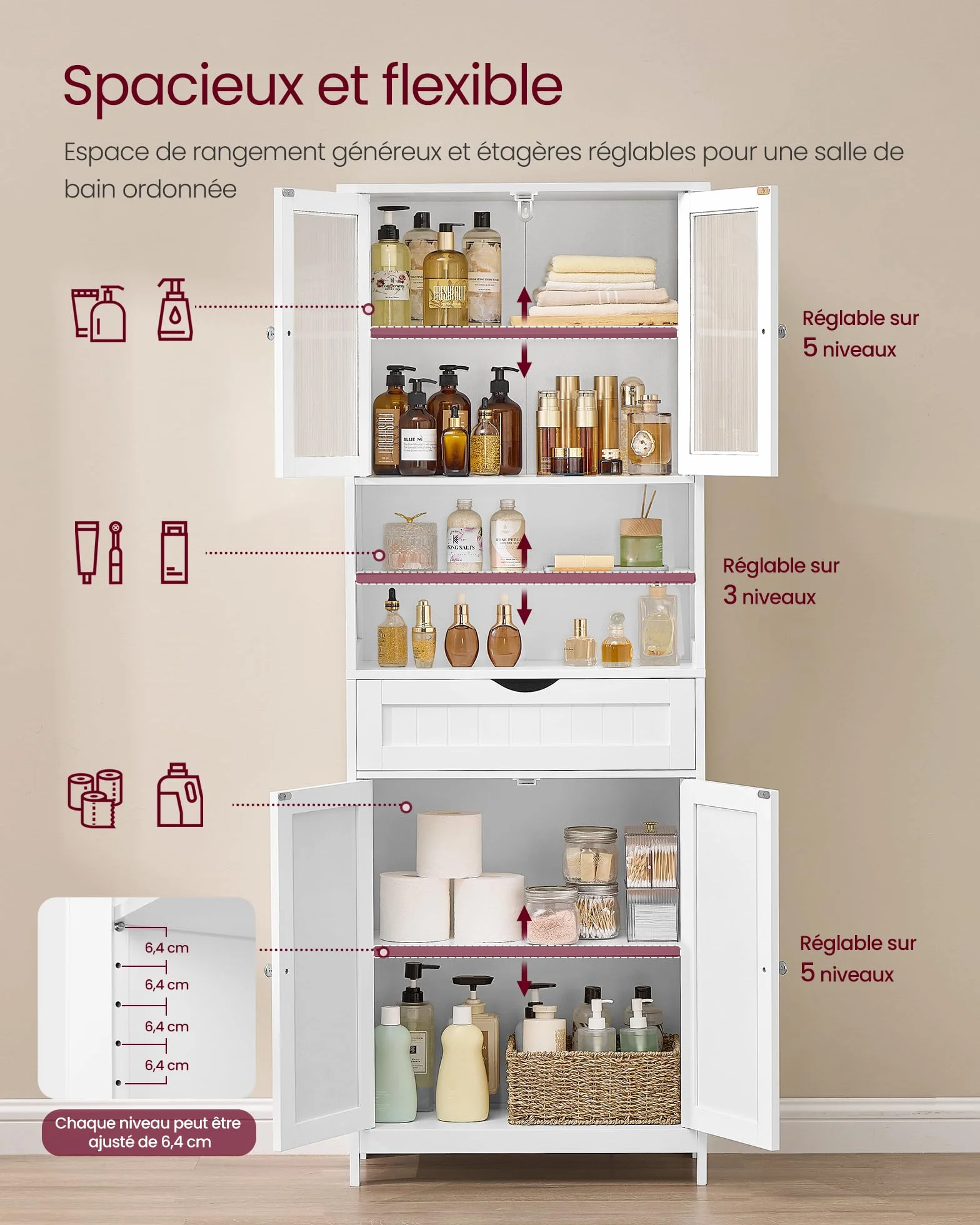 VASAGLE Meuble de Rangement, Armoire de Salle de Bain, avec Étagères Réglables, Tiroir, Compartiments Ouverts, pour Salle de Bain, Salon, Salle à Manger, Blanc Nuage BBC768W01