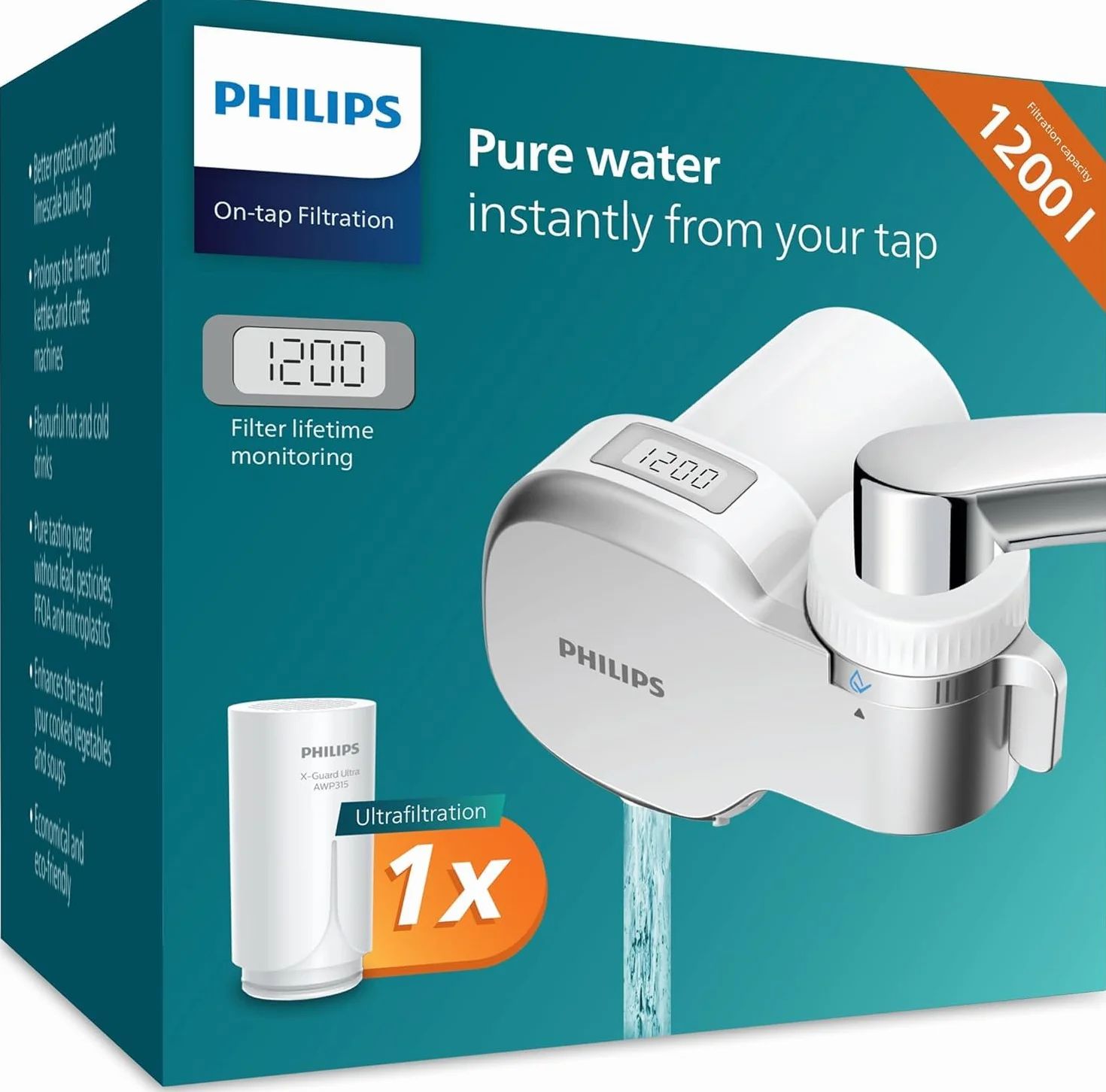 Philips Water Filtre Ontap AWP3756P1/10 ULTRAFILTRATION avec affichage numérique, réduit le CHLORE, le PLOMB, les MICROPLASTIQUES et les BACTÉRIES, capacité de filtration de 1.200 L