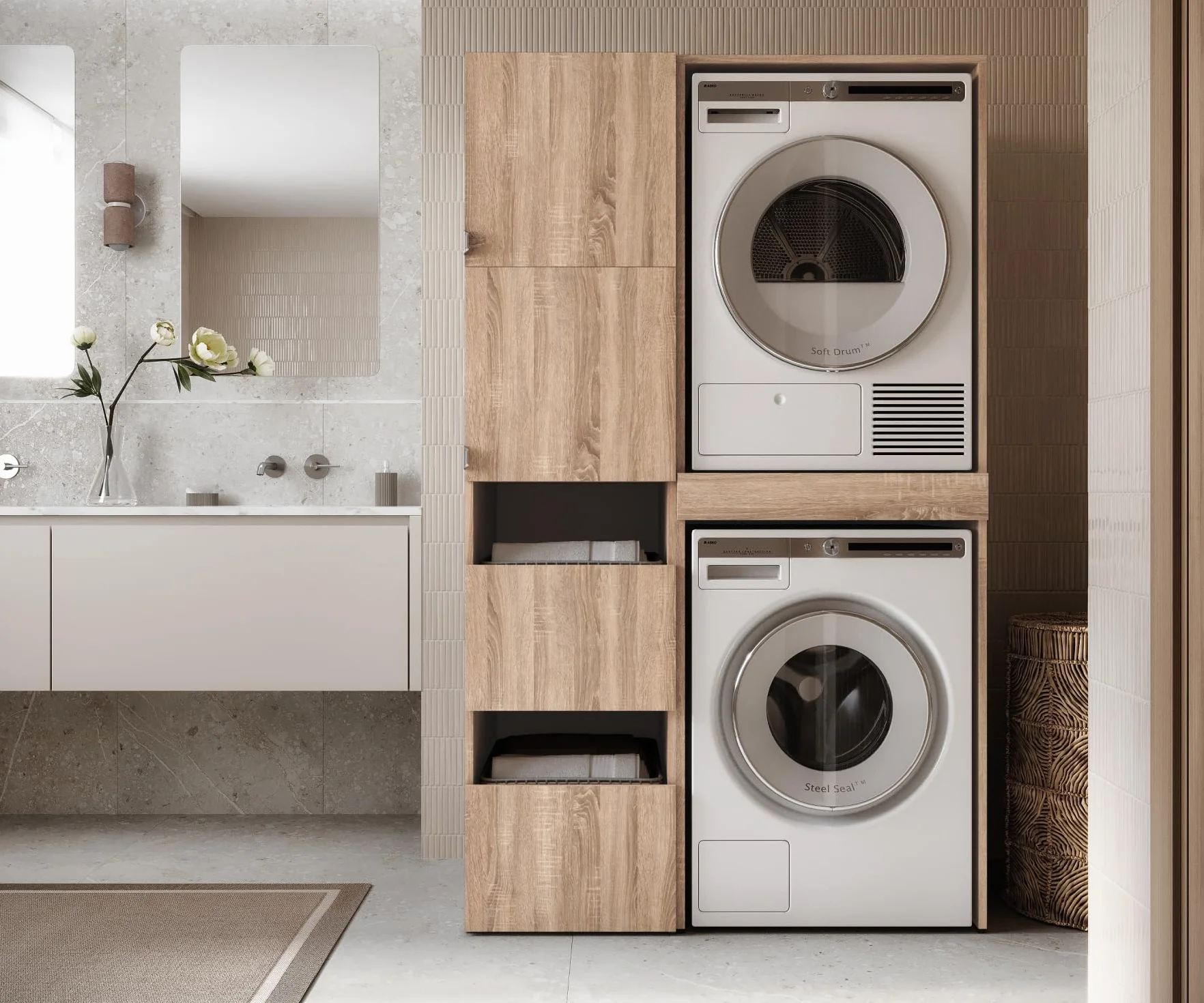 PLATAN ROOM Armoire pour machine à laver et sèche-linge avec plateau coulissant • Meuble pour machine à laver et sèche-linge • Armoire haute 187 x 65 x 66 cm (chêne Sonoma)