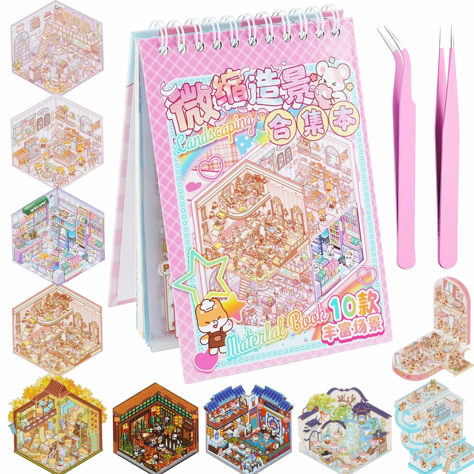 Leikedun Livre Stickers 3D avec 10 Scènes Miniatures, Autocollants pour Adultes et Enfants avec 2 Pinces, Carnet de Scénarios