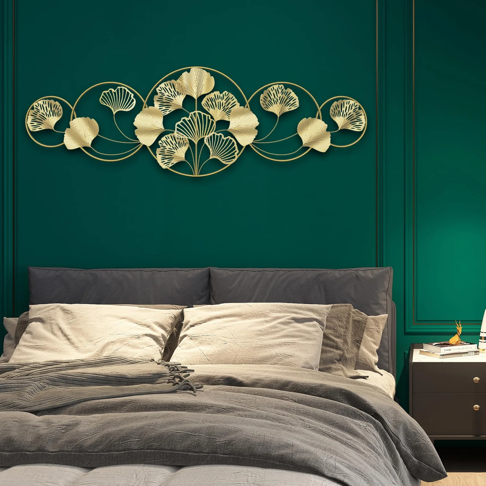 QHENS Decoration Murale Metal Doré, Decoration Murale Salon de Ginkgo 128 x 43 cm, Deco Murale Salon, Feuille Réglable, pour Salle D'étude Chambre à Coucher Hôtel