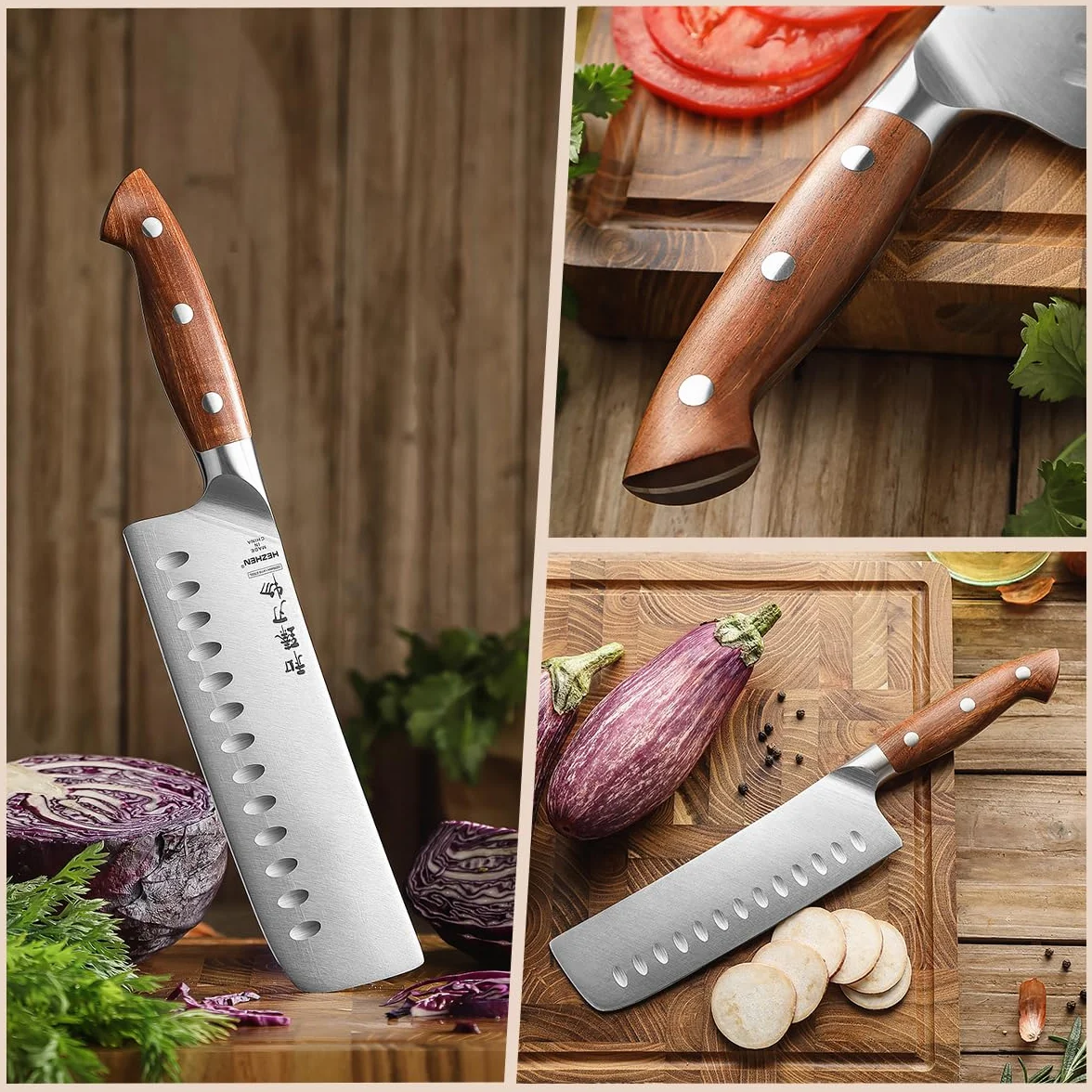 HEZHEN Couteau de Nakiri en Acier Geman, Style Japonais Couteau Couperet，Multi-Usages Couteau de Chef Asiatique Pour Trancher la Viande et les Légumes，Griff aus Redwood