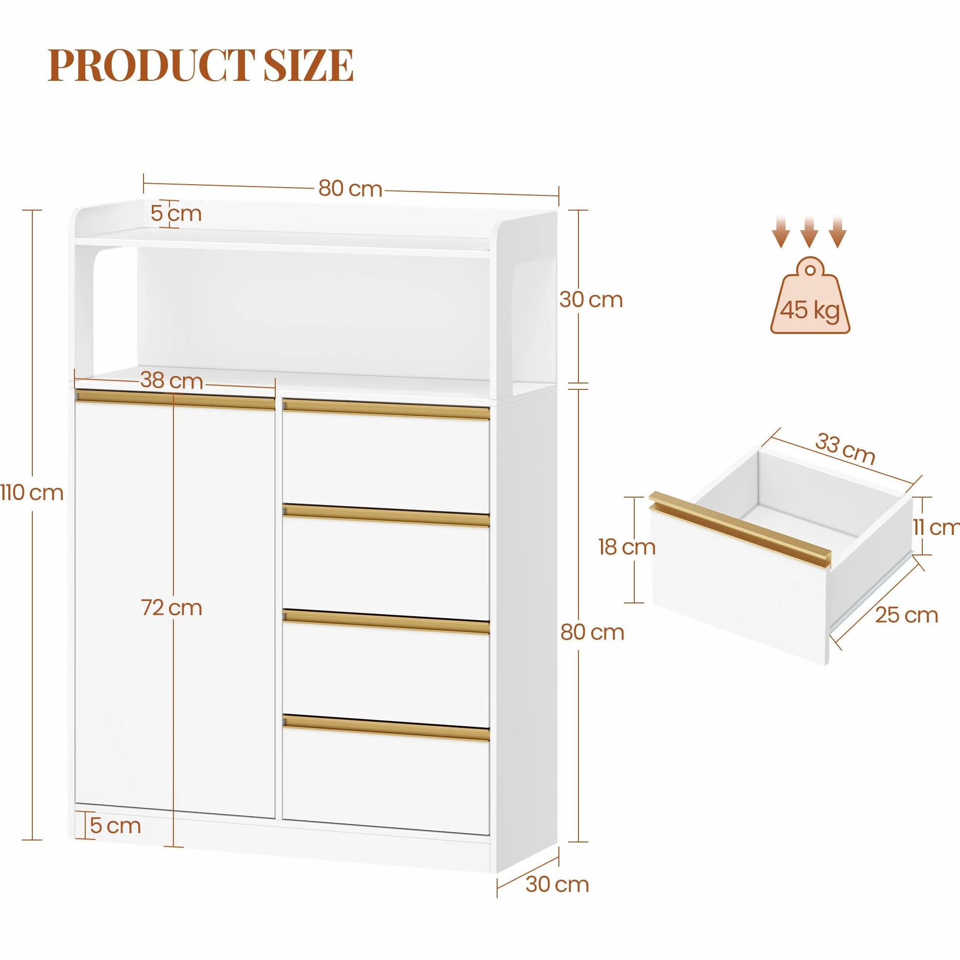 HEXCELEN Meuble Salle de Bain, Meuble Salle de Bain Rangement, Placard de Rangement avec 4 Tiroirs, Armoire Haut Salles de Bains, Étagères Réglables, Salles de Bains, Le Salon, Blanc, 30 x 80 x 110 cm
