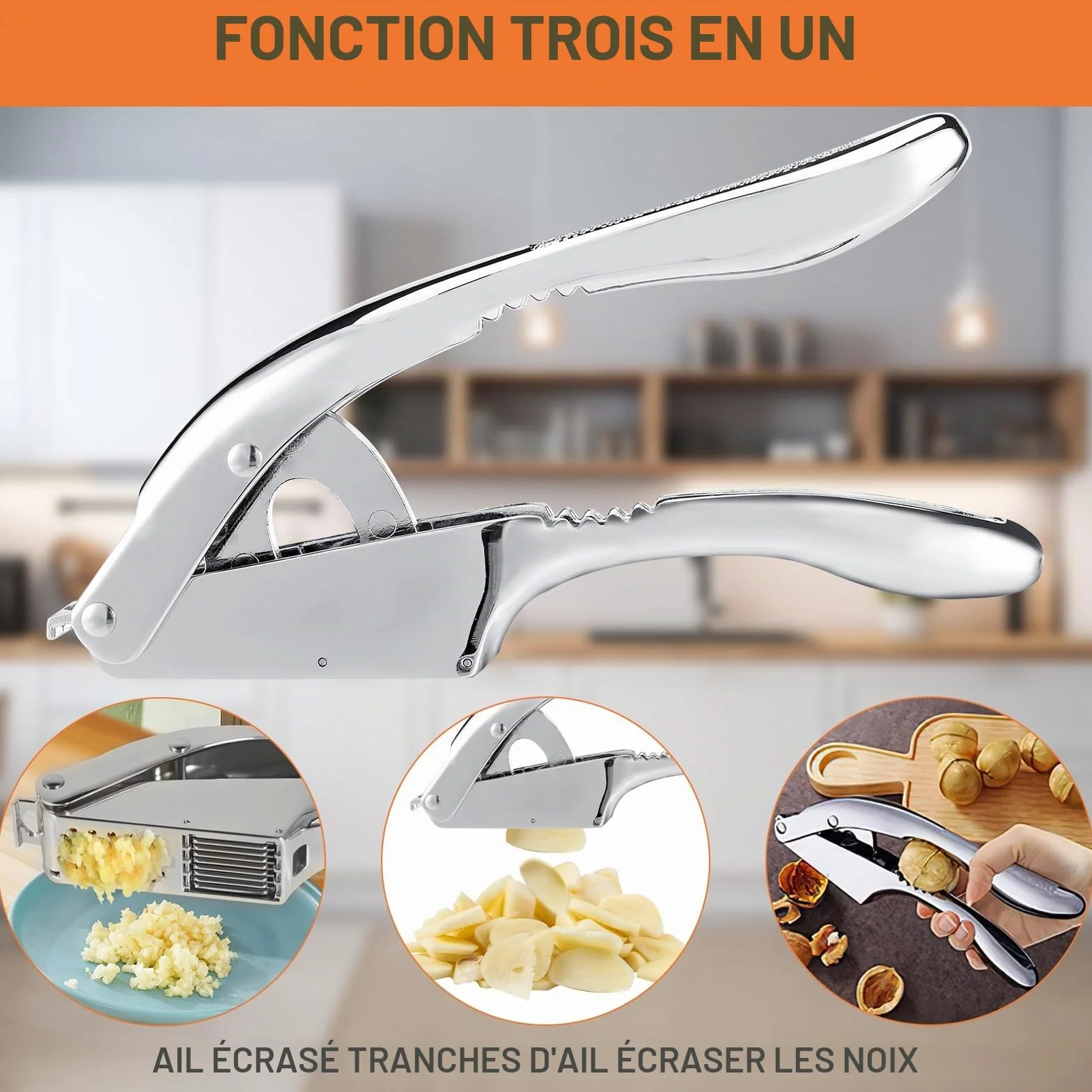 Presse-ail en acier inoxydable 2 en 1 manuel, professionnel pour cuisine, avec poignée ergonomique