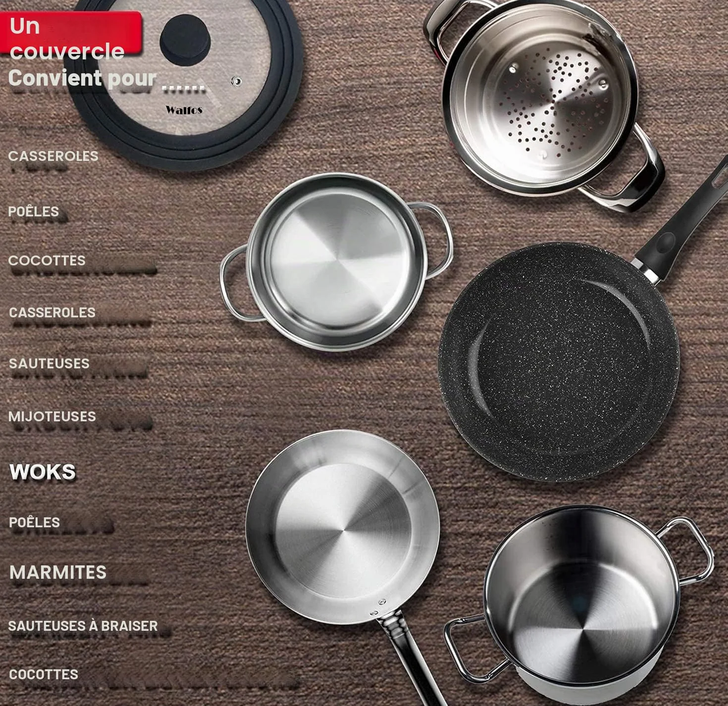 Walfos Couvercle universel Ø 28, 26, 24, 20, 18 et 16 Couvercle en verre pour casseroles, poêles avec bord en silicone gradué, Couvercle pour poêles et casseroles, Couvercle de casserole résistant à