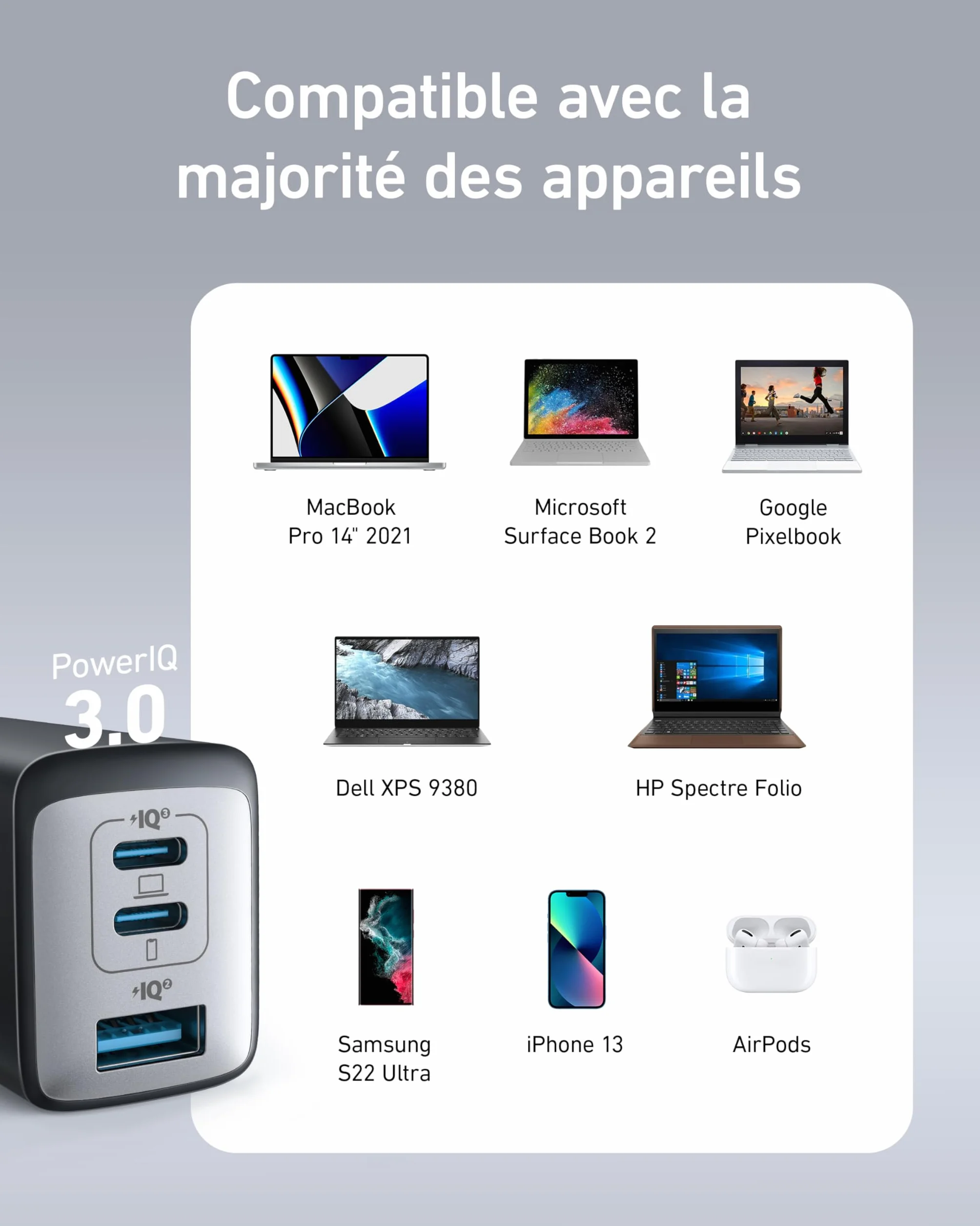 Anker Chargeur USB C Nano II 65 W Station 3 Ports PPS Rapide Bloc d'alimentation Compact