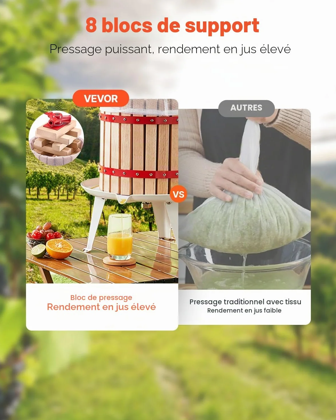 VEVOR Pressoir à Fruits Manuel 6 L, Presse à Vin avec Panier en Bois Massif avec 8 Blocs, Presse-Agrumes avec Poignée, Presse à Jus, Raisin, Cidre de Pomme, Miel pour la Cuisine et la Maison