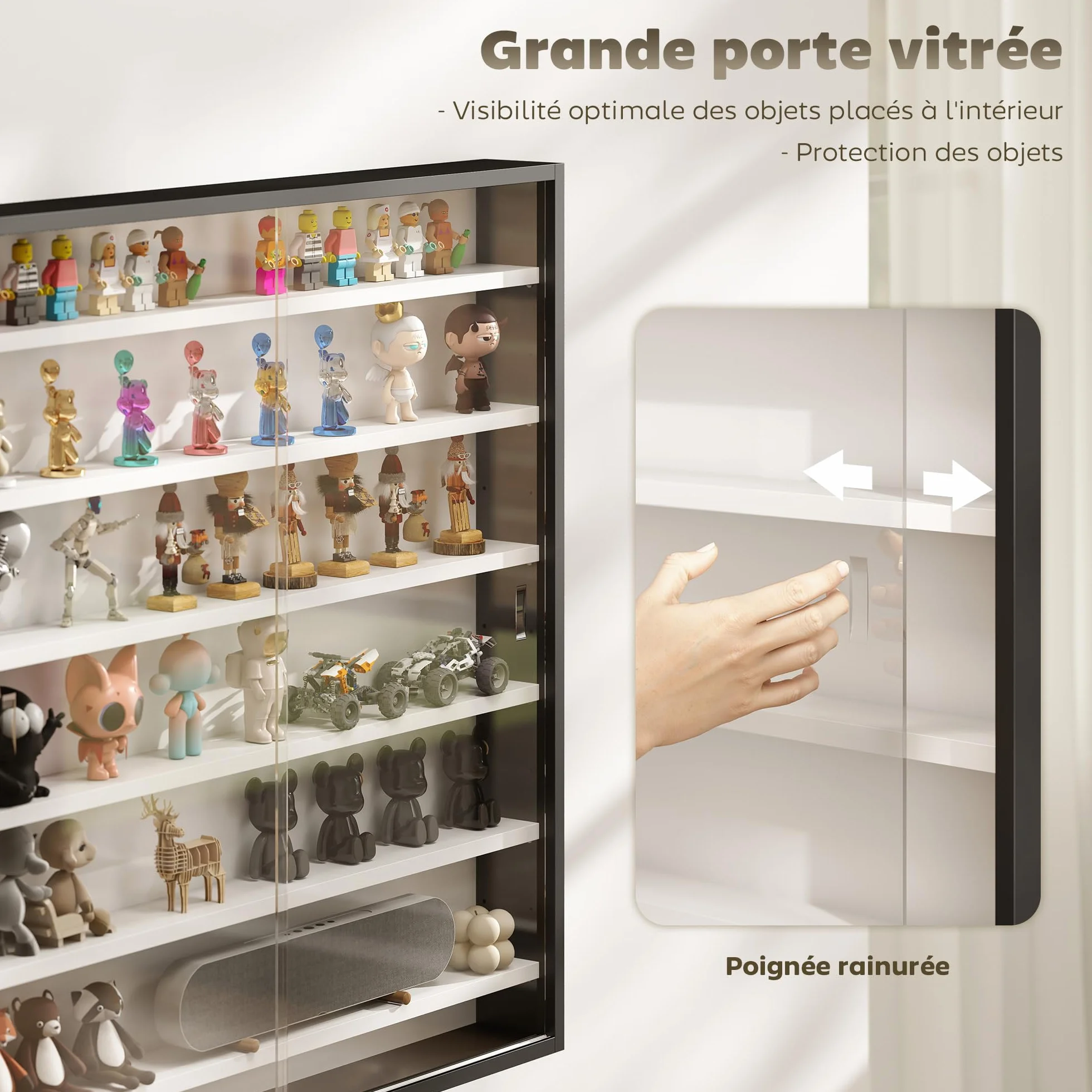 HOMCOM Vitrine pour Collection vitrine Murale 80 x 9,5 x 83 cm avec 6 étagères réglables en Hauteur et 2 Portes coulissantes en Verre, pour Collection de Figurines et Voitures Miniatures, Noir