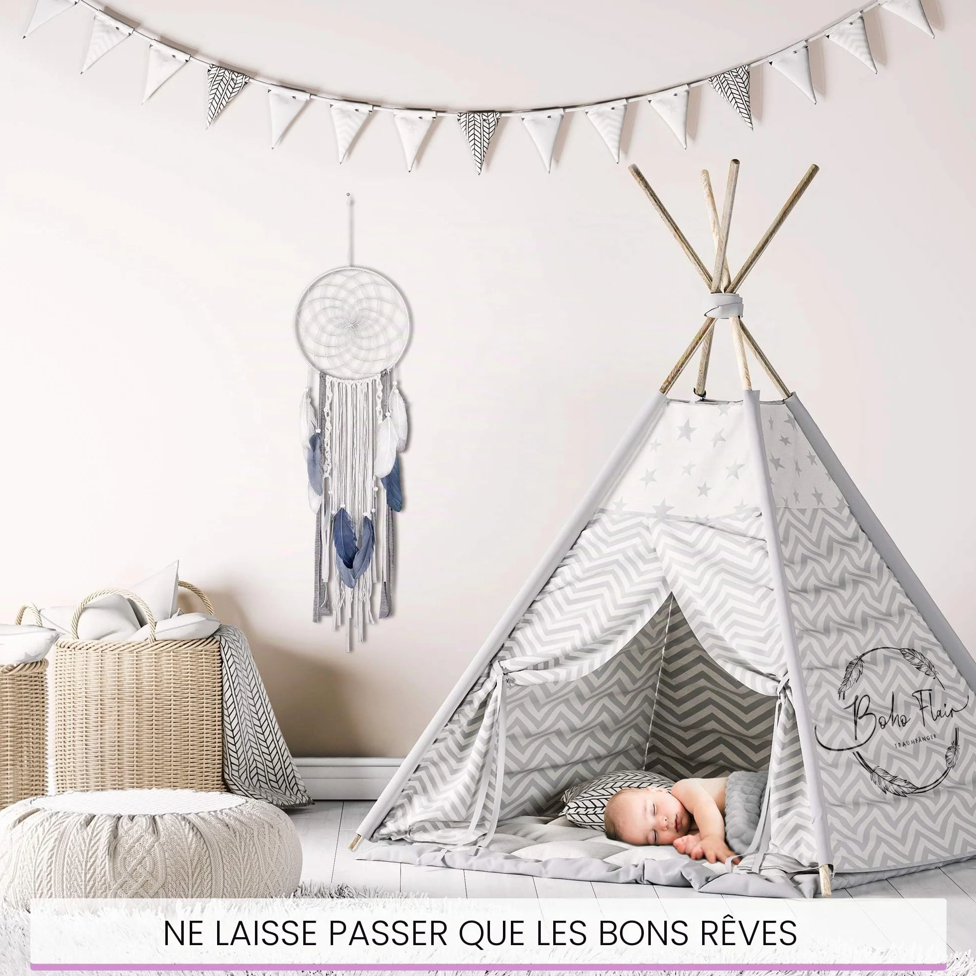Attrape-rêves bohème XXL plumes perles 25 cm 80 cm blanc/gris