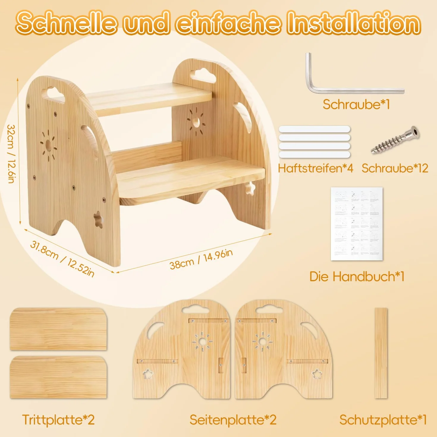 Escabeau pour Enfants,Tabouret en Bois,Petit Repose-Pieds,Marchepied en Bois pour Enfant à 2 Marches,pour Cuisine Et Salle De Bain à Partir De 2 Ans