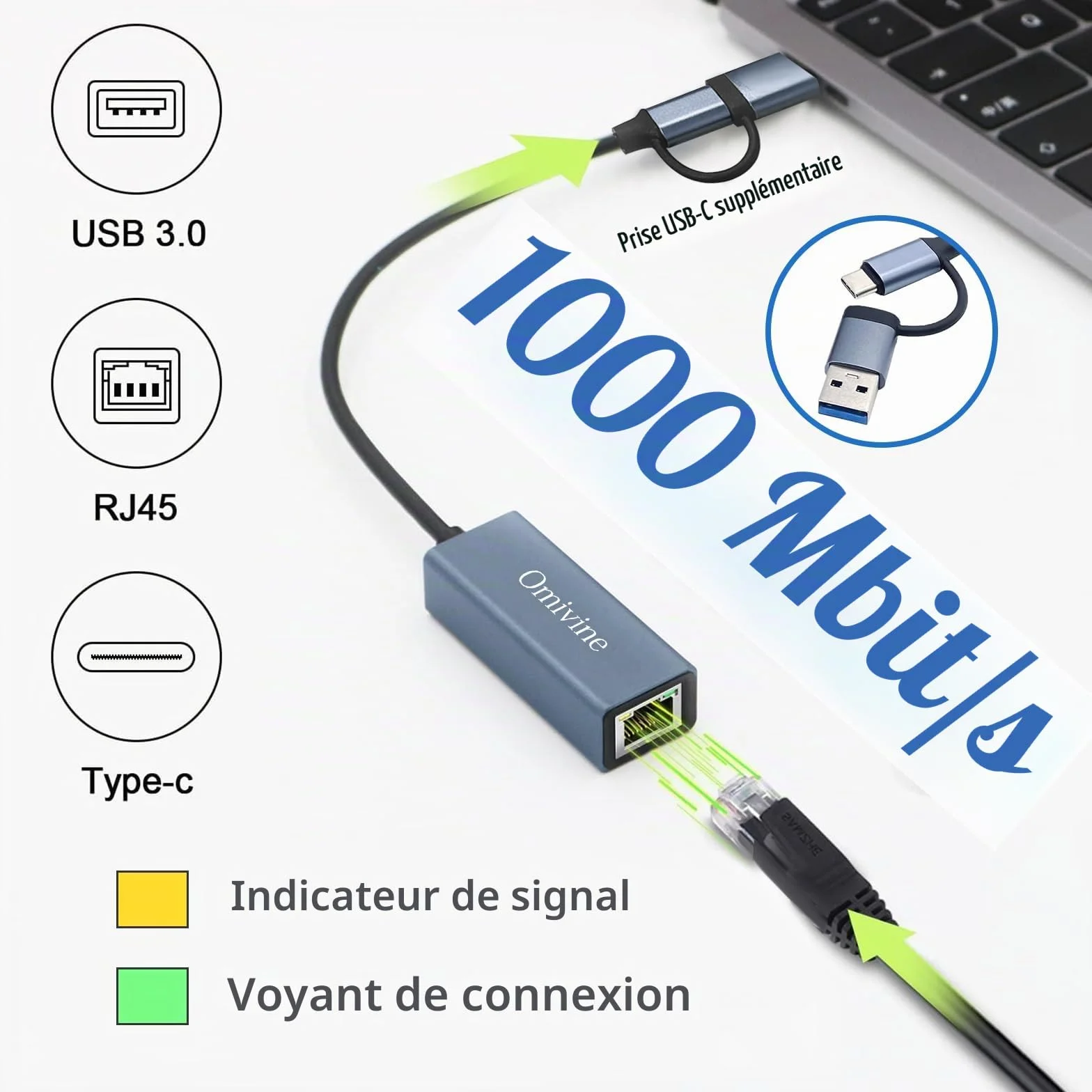 Adaptateur USB C vers Ethernet USB 3.0 RJ45 1000 Mbps Gigabit LAN