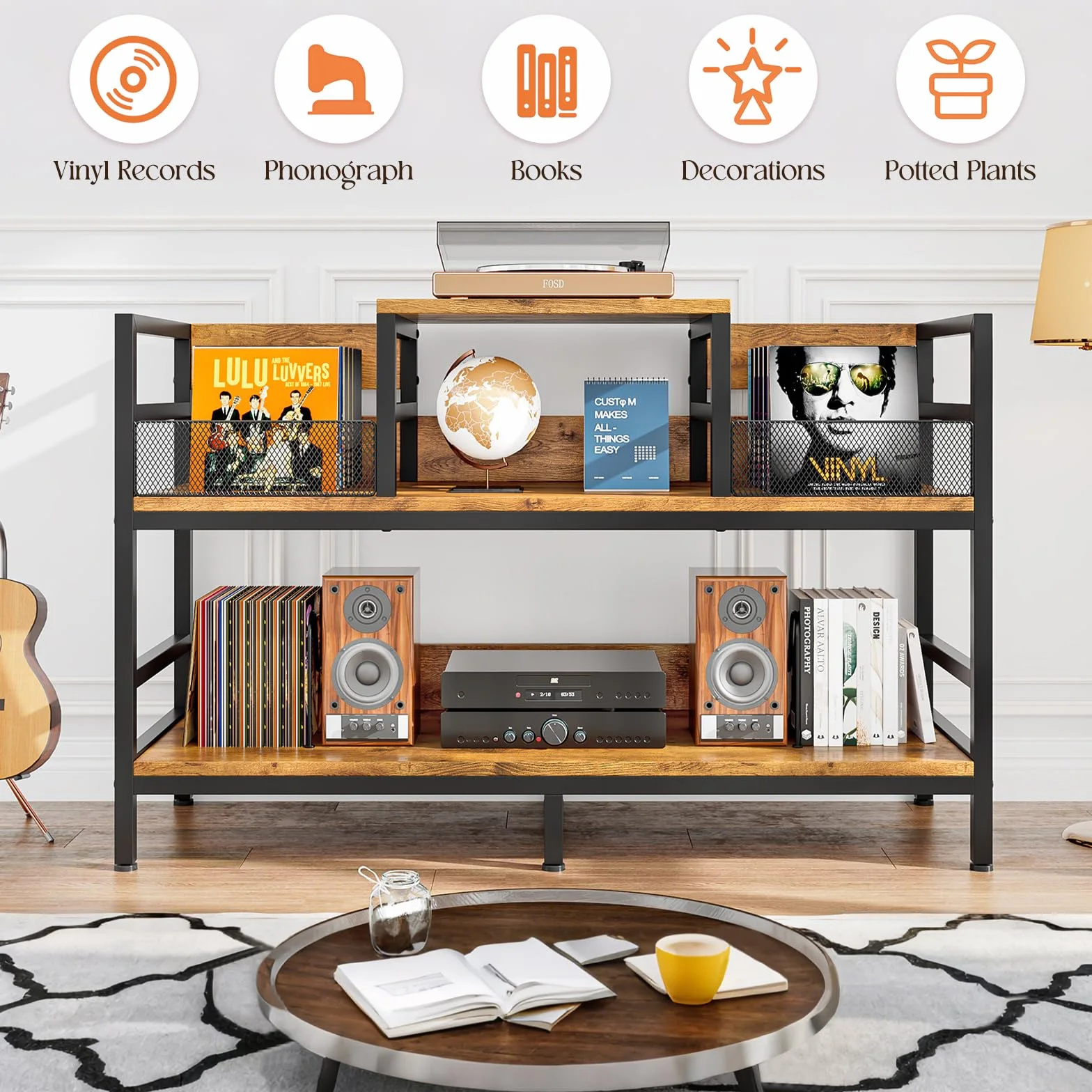 Meuble pour platine vinyle, rangement pour jusqu'à 350 albums, support pour platine avec 4 séparateurs, meuble de rangement pour disques vinyles pour salon et chambre