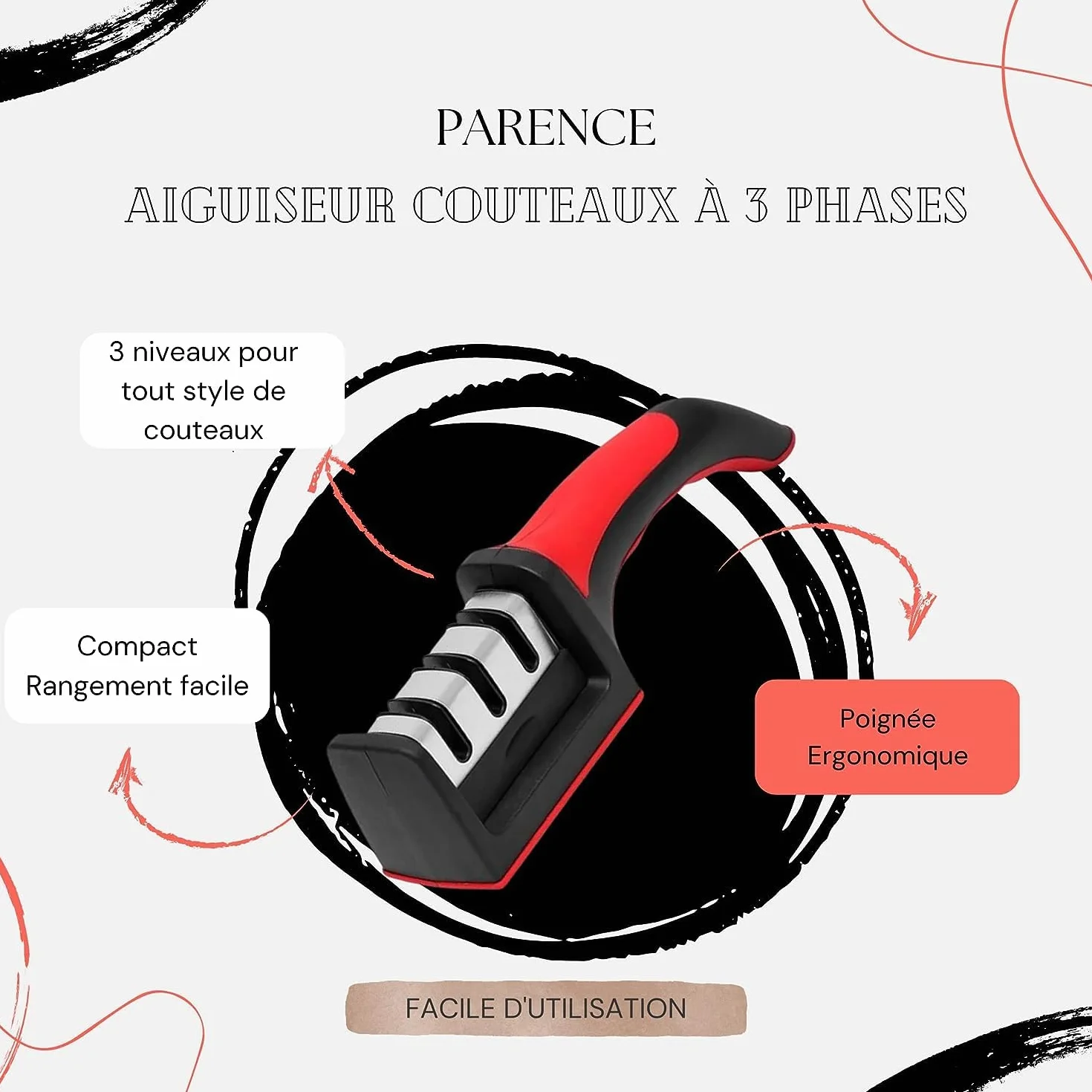 PARENCE Aiguiseur à 3 phases Easy Sharp couteaux de cuisine pierre céramique carbure tungstène diamant finition noire chromée