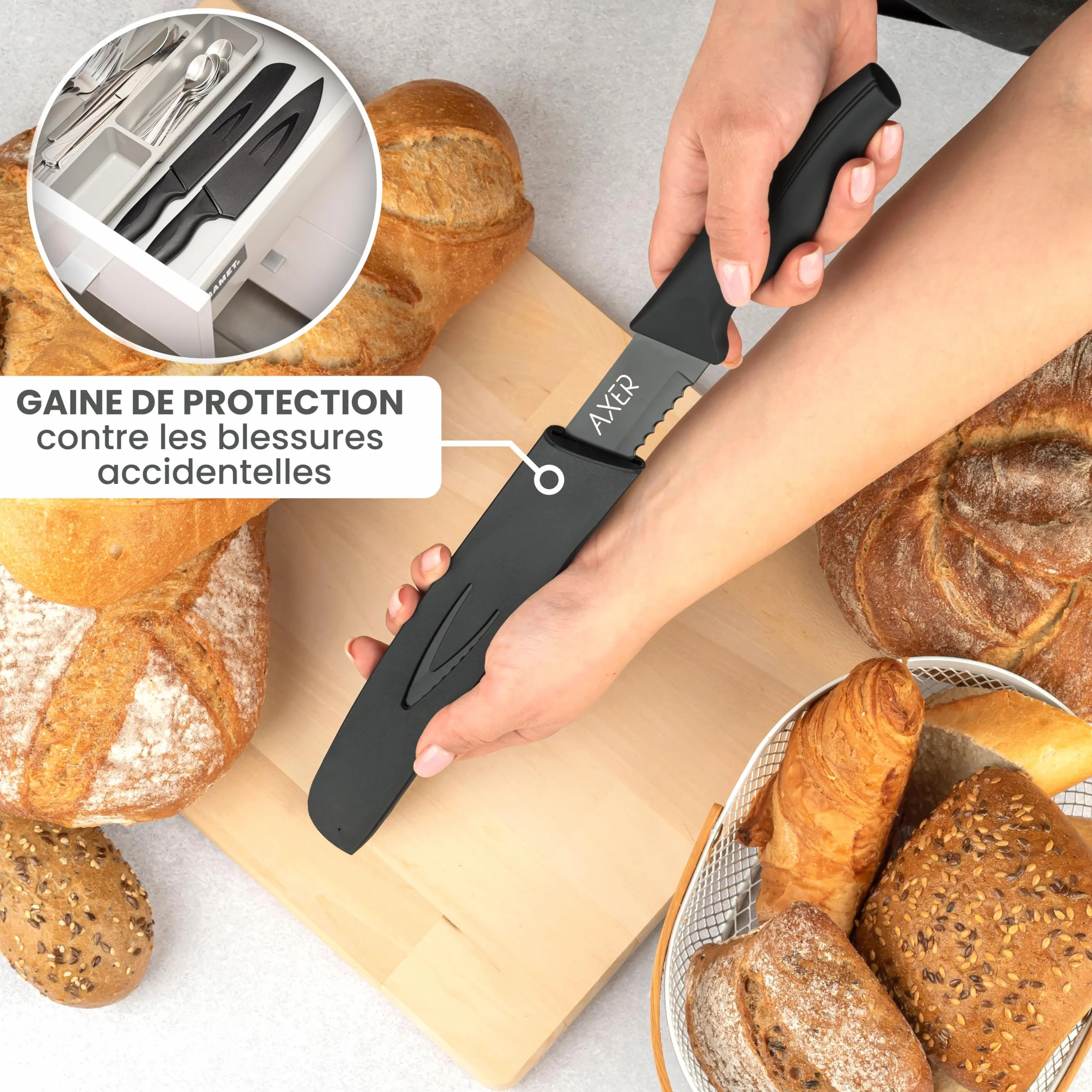 Couteau à Pain Axer avec Étui et Boîte - Couteau Pain Entièrement Noir