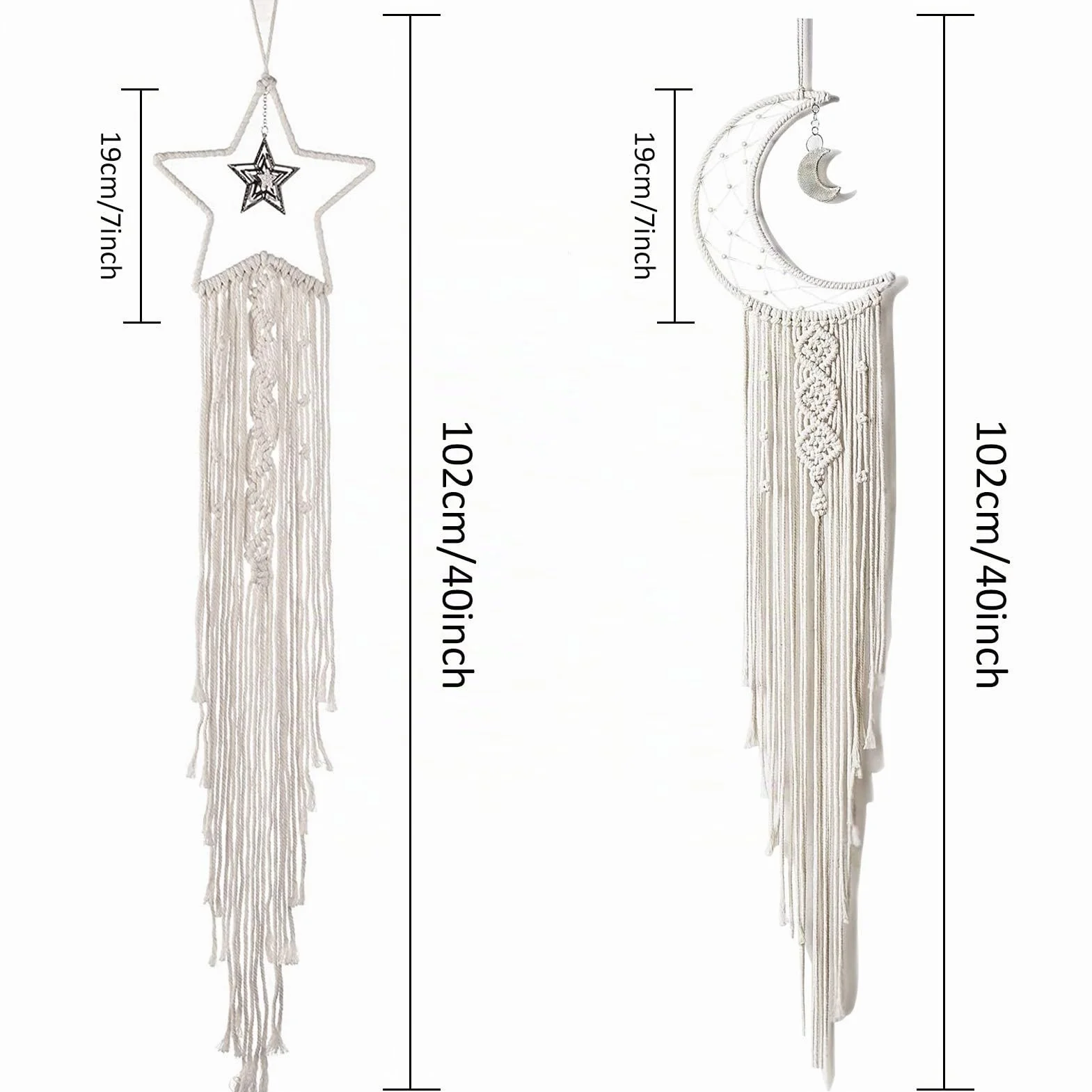 Macrame Attrape Reve avec LED String Light Macrame Mural Decoration Boheme Faite Main Lune Etoile Cadeau DIY Chambre
