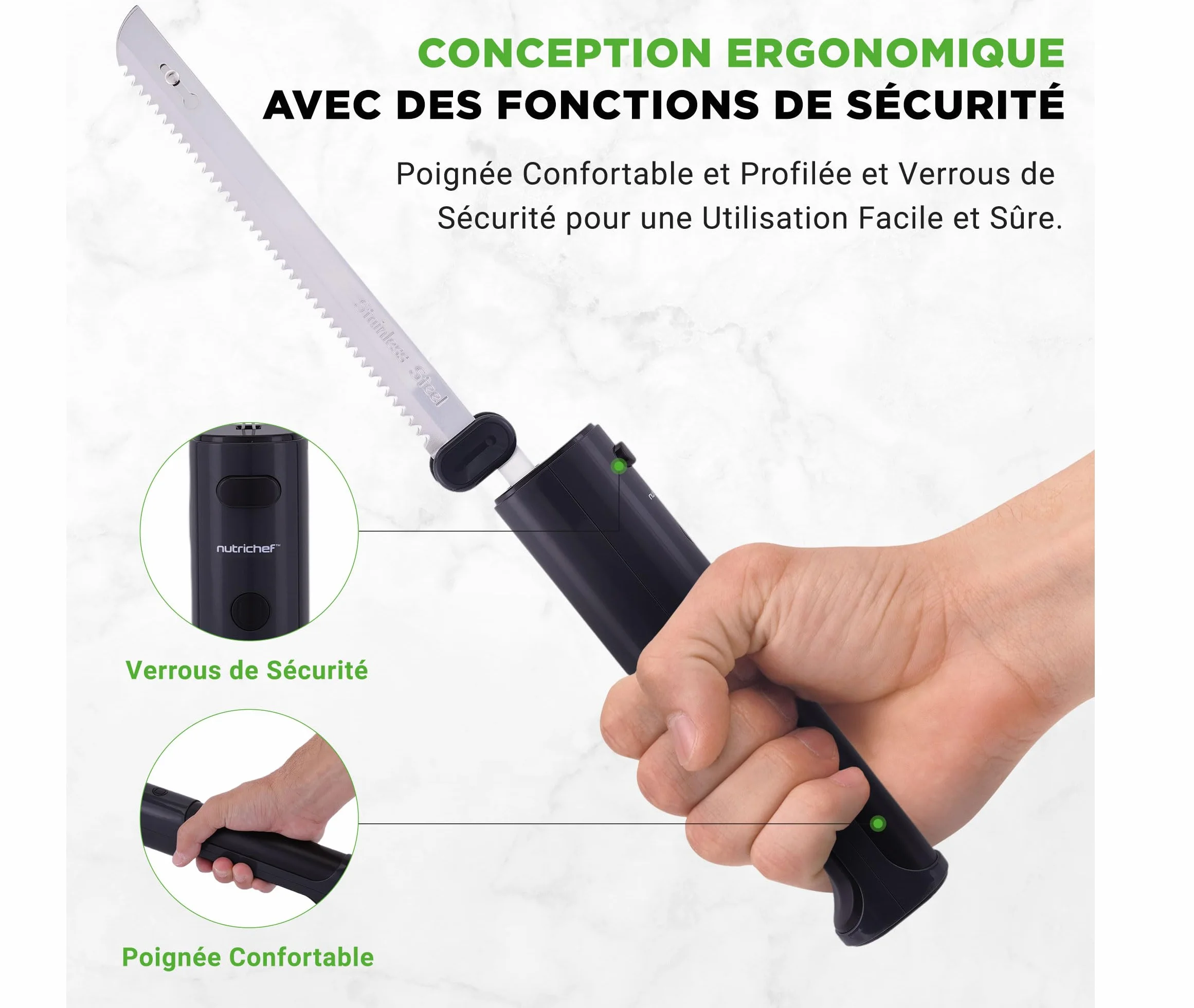 NutriChef Couteau Électrique de Cuisine – Couteau à Découper pour Viande, Volaille, Pain et Fromage, Lames en Acier, Modèle Sans Fil, Bouton Sécurité ON/OFF, Noir