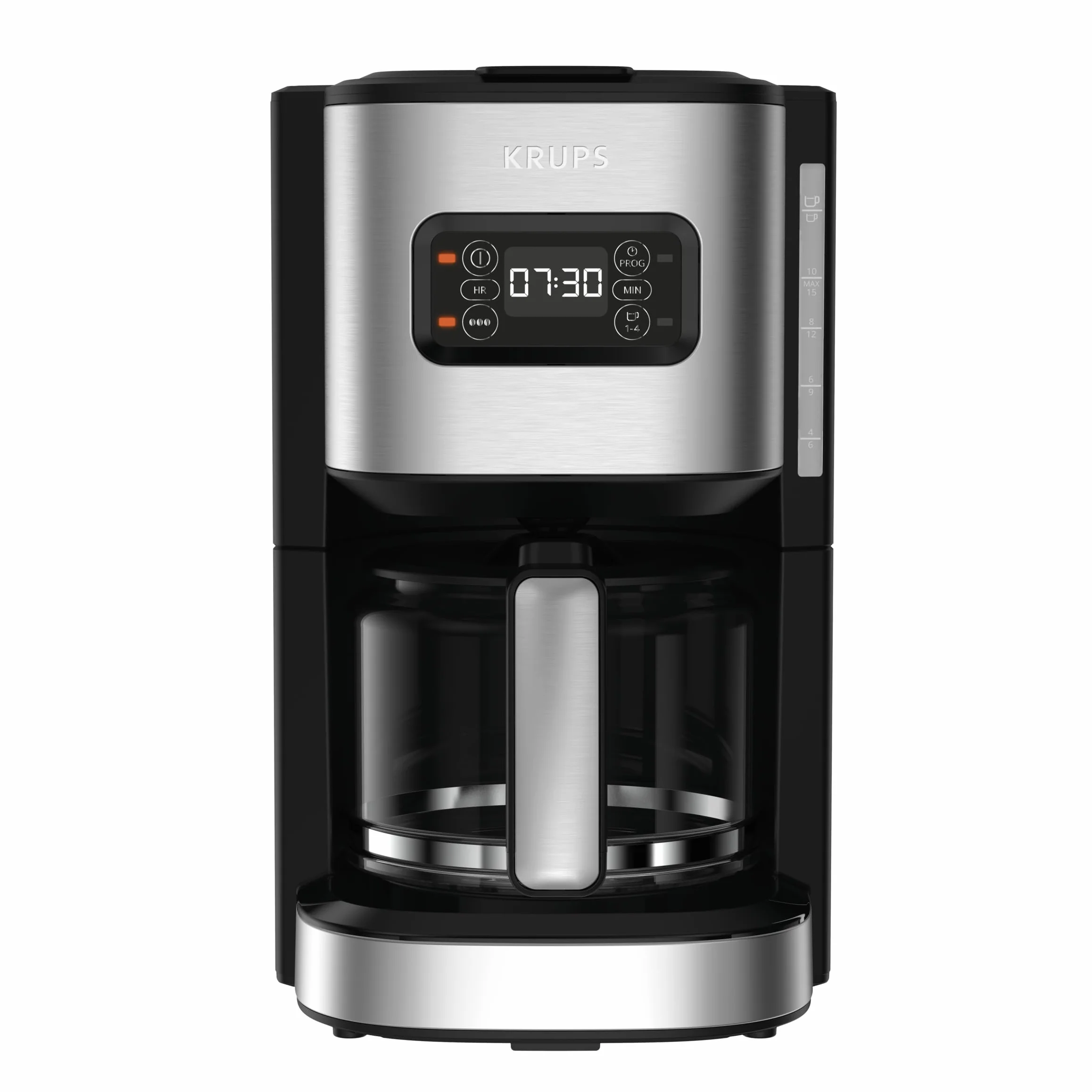 Krups Cafetière programmable 24h, Inox premium, 1,25 L jusqu'à 15 tasses, Réglage intensité, Fonction 1 à 4 tasses pratique, Arrêt auto après 30 min, Anti-goutte, Excellence KM480D10