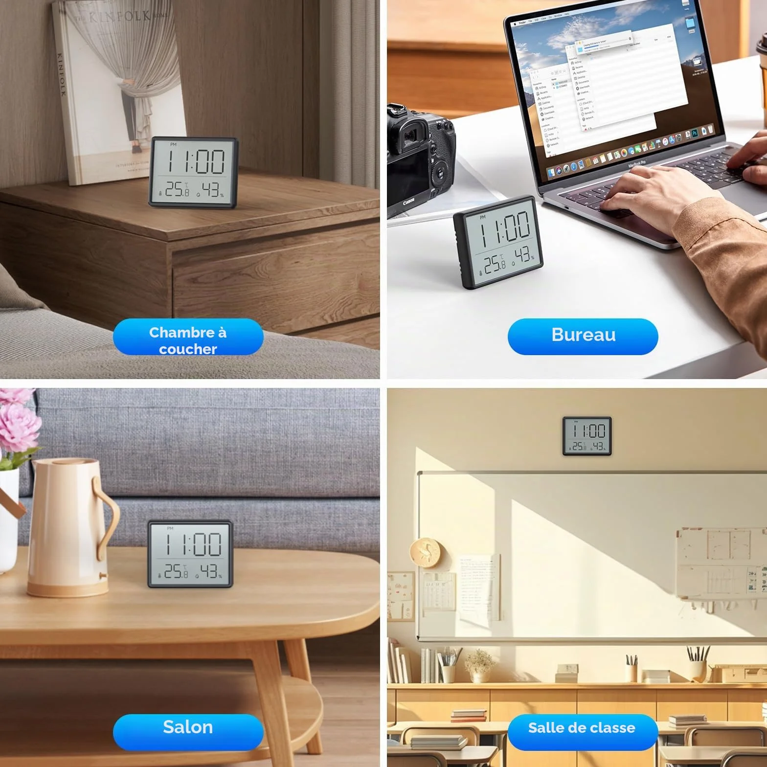 Thermomètre Hygromètre Numérique avec Réveil LCD Température Humidité 12/24 Heures ℃/℉