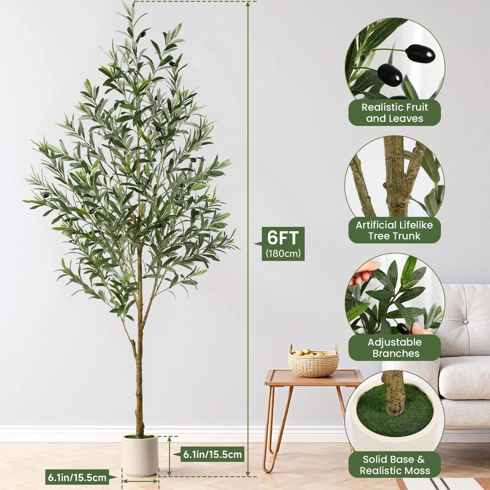 Olivier Artificiel 180cm en Pot Blanc, Arbre Artificiel Intérieur Extérieur, Plante Verte Décoration Maison