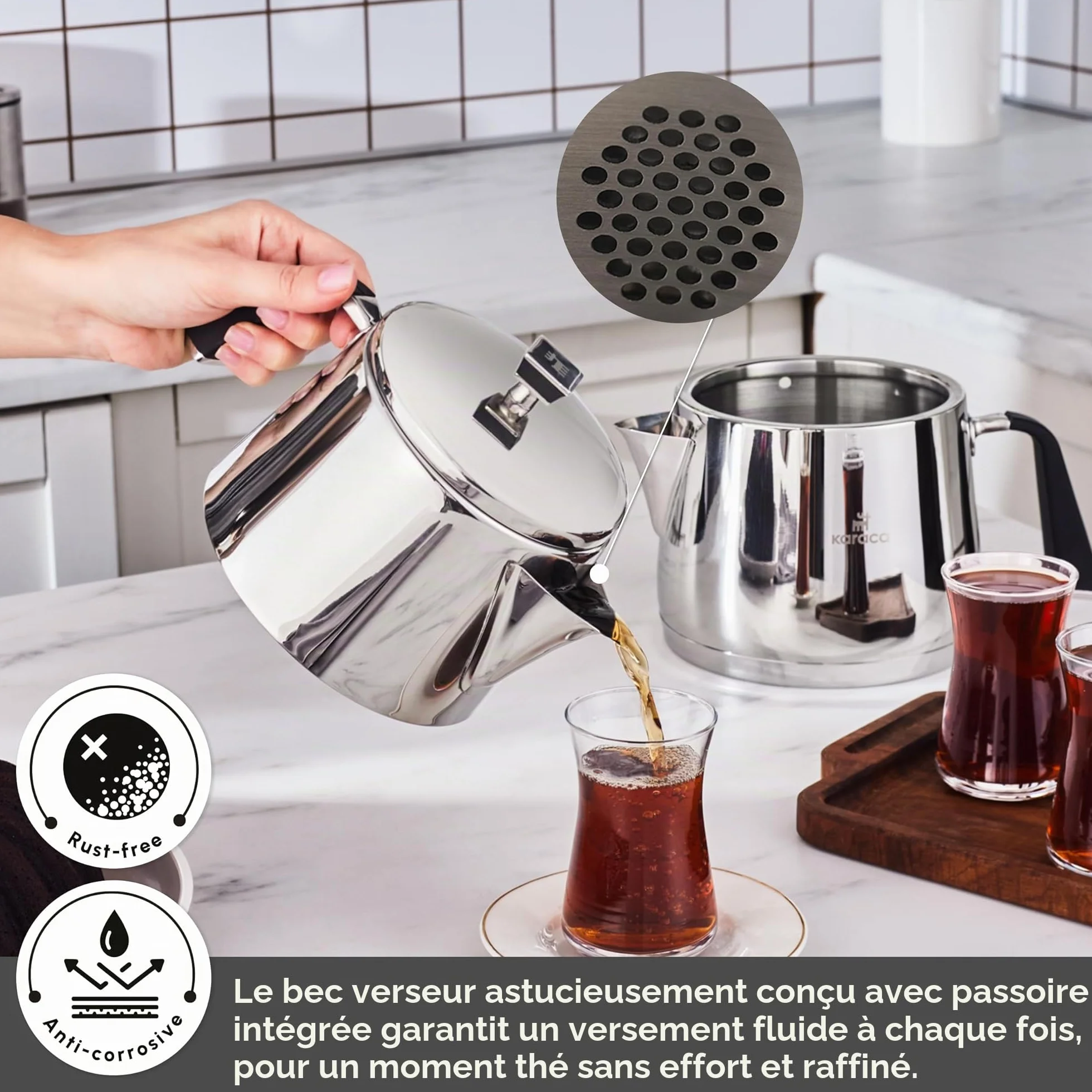 Karaca Fiona Set de Théière Turque en Acier Inoxydable, Bouilloire 2L, Théière 1L, Poignées Résistantes à la Chaleur, Finition Poli, Turkish Teapot & Caydanlik, Compatible Induction, Noir