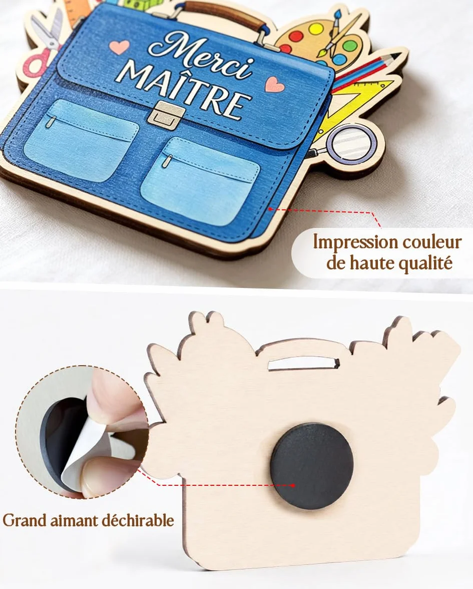 Magnet en Bois Merci Maitre d'école avec Carte de Vœux et Enveloppe, Cadeau Original Homme Professeur