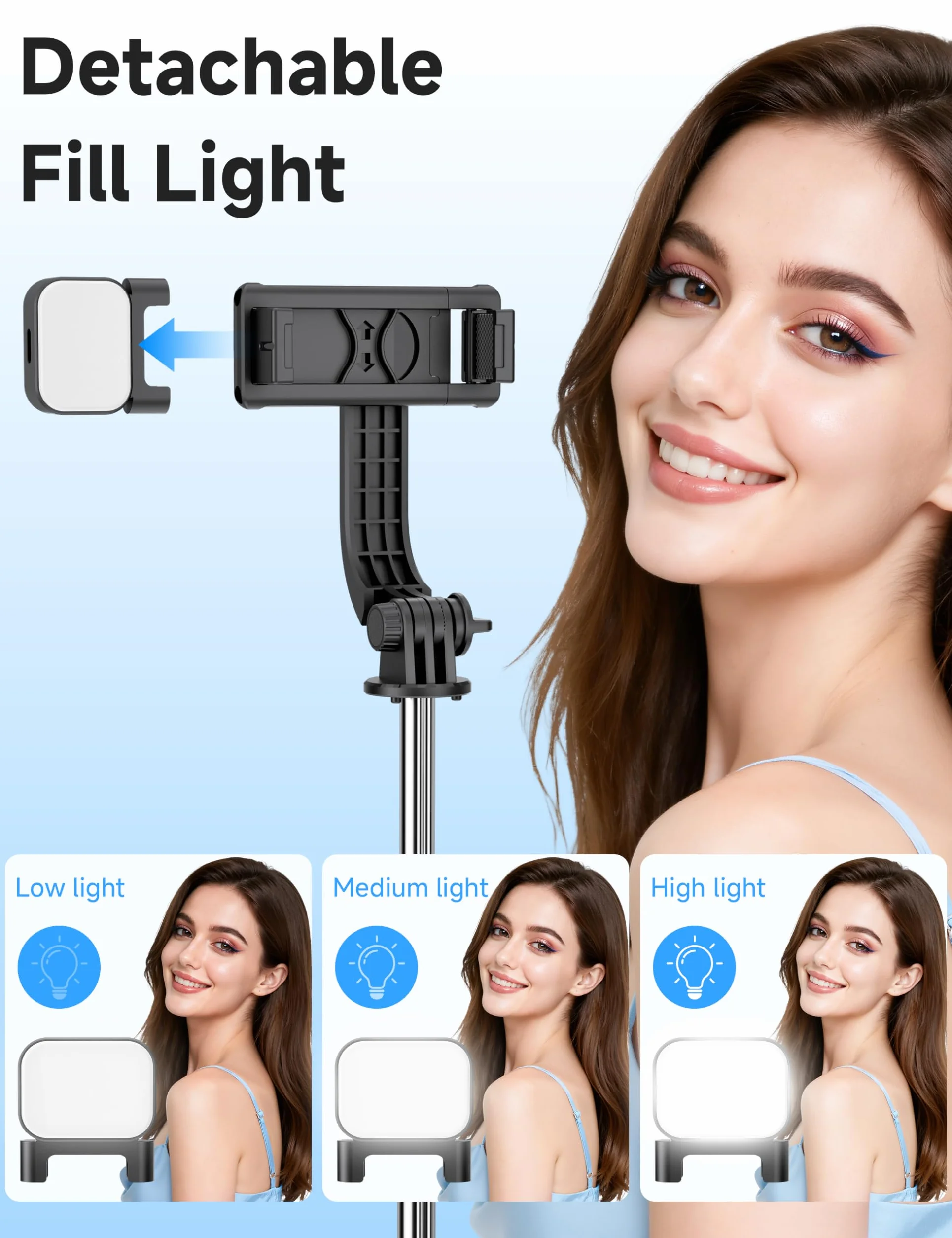 Mini statyw podróżny do selfie z lampką, wysuwany kij do selfie z odłączanym pilotem, statyw do iPhone'a do nagrywania filmów, fotografowania, kompatybilny z telefonami komórkowymi
