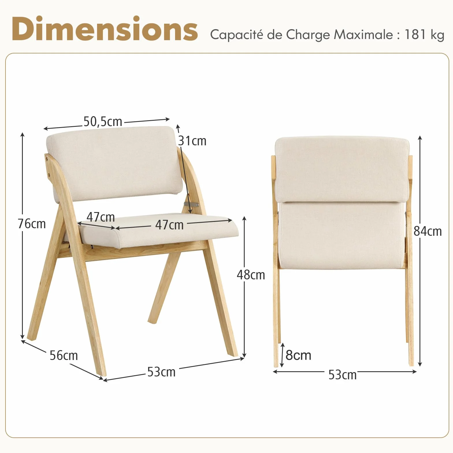 COSTWAY Lot de 2 Chaise Pliante, Chaise de Cuisine Pliable avec Pieds en Bois de Caoutchouc, Siège et Dossier Rembourrés, sans Montage (Naturel Beige)