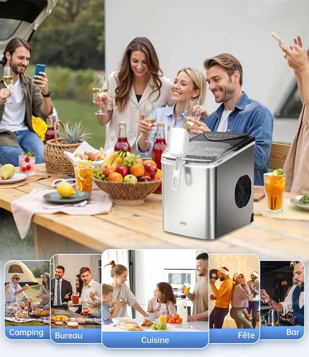 WIE Machine à glaçons, 15 kg de glaçons Ice Maker, 9 cubes en 6 min, Machine à glaçons avec poignée portable, Argent, Machine à glaçons pour la maison/cuisine/bureau/camping-car
